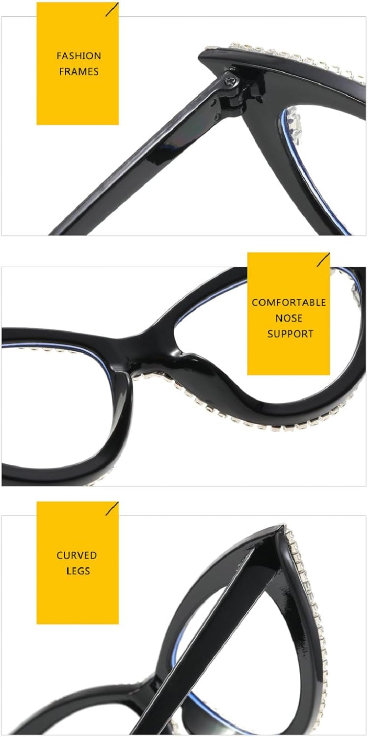 mincl Lentes de diamantes de imitación anti luz azul para mujer con diamantes de ojo de gato, gafas de computadora antifatiga