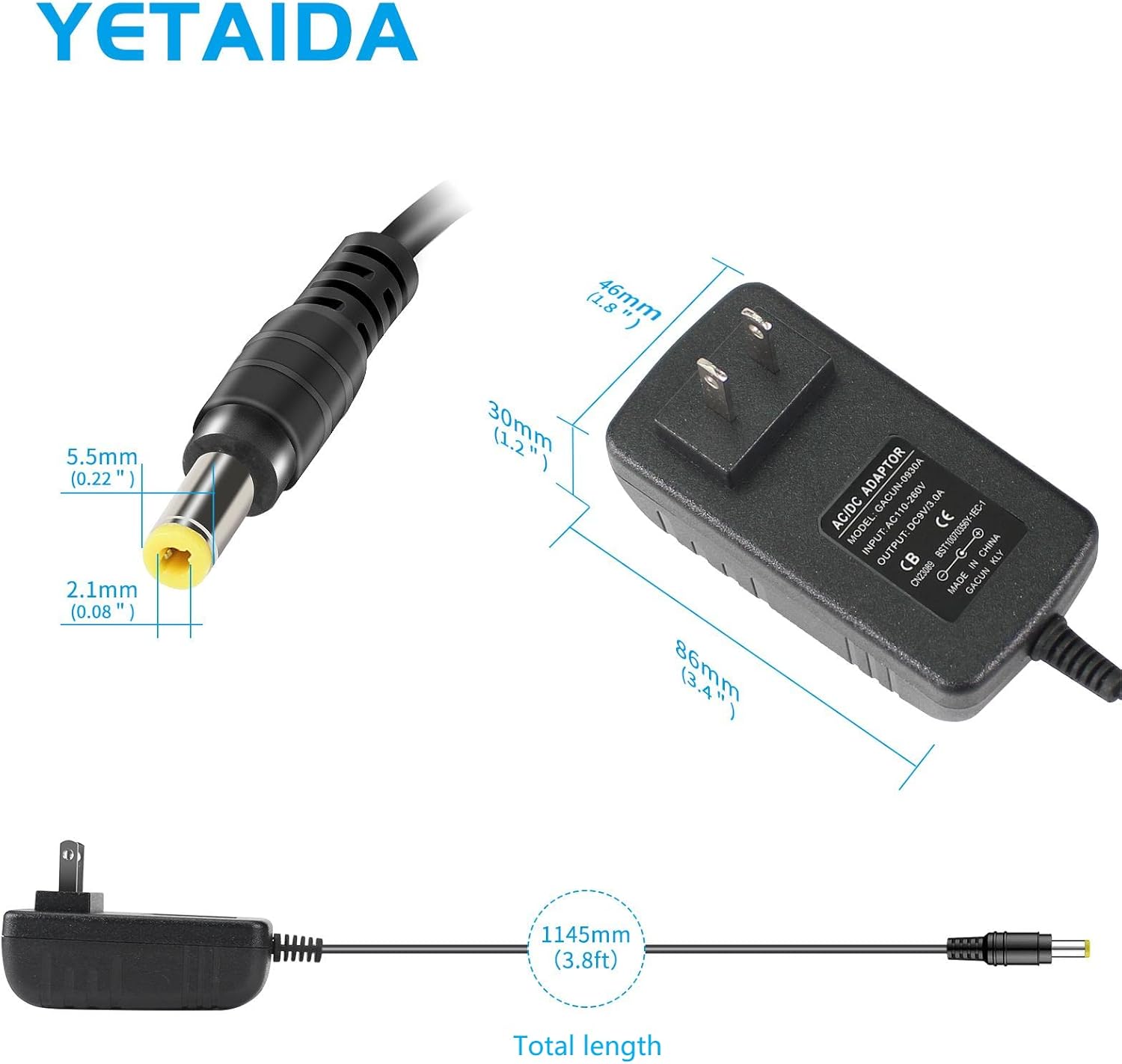 Adaptador de fuente de alimentación de 9 V 3A, adaptador de alimentación universal Yetaida 27 W CA 100-240V a CC 9V Transformador de fuente de