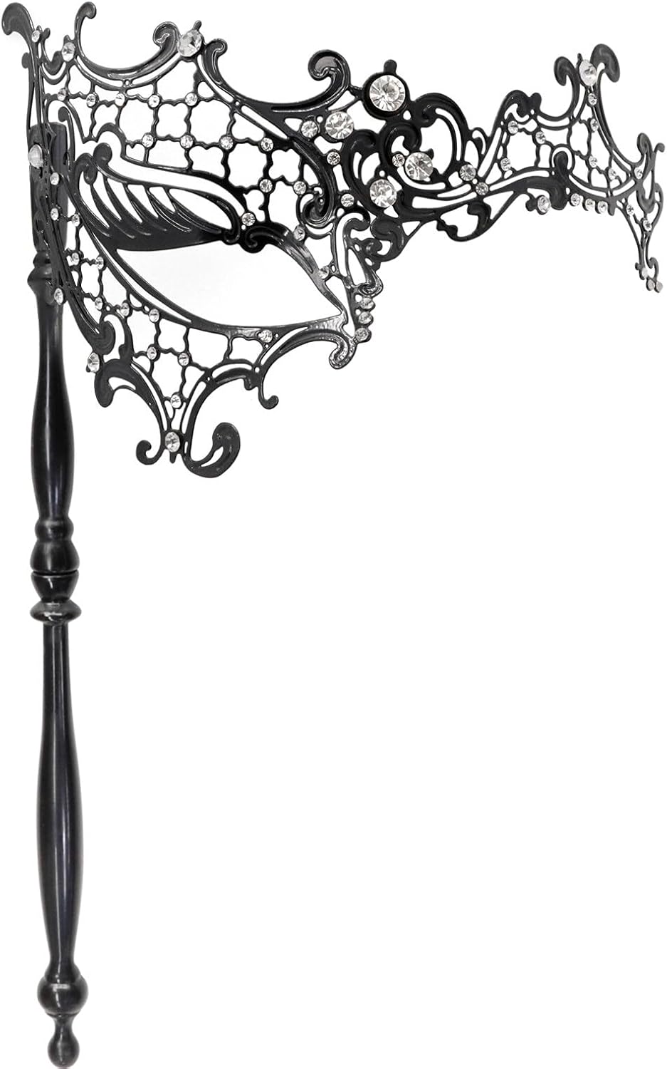 Thmyo Máscara veneciana de fiesta de Mardi Gras de Halloween con palo de sujeción, máscara de mano con plumas de metal y diamantes de imitación