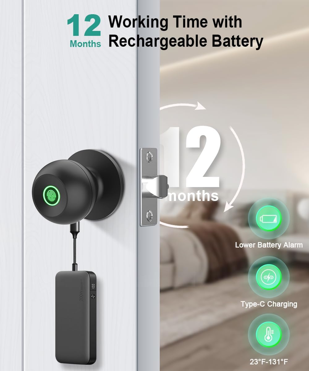 Cerradura de puerta de huellas dactilares, perilla inteligente de puerta de huellas dactilares con cerradura, cerradura de puerta biométrica con