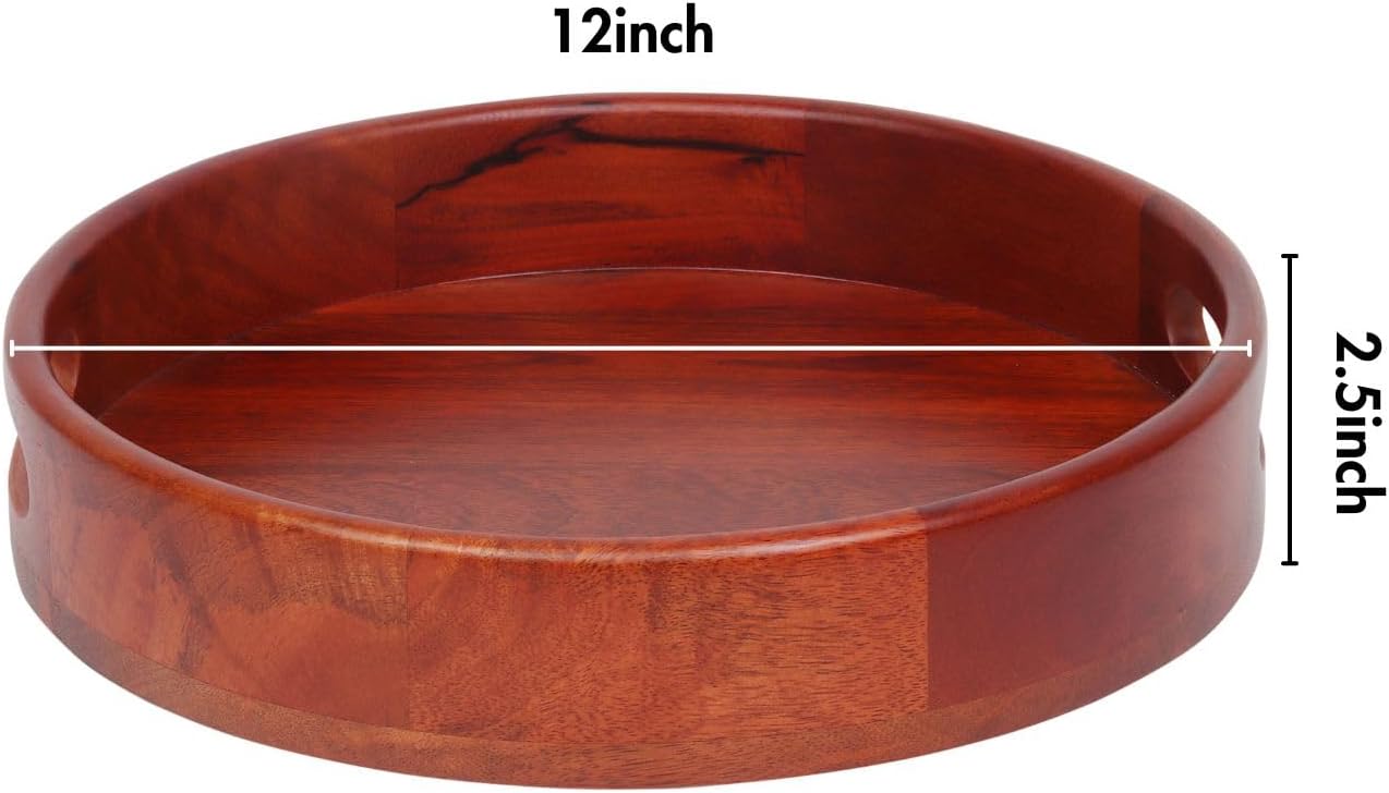 LAVAUK Bandeja redonda de madera de mango de 12 pulgadas con asas, bandeja de madera con acabado de caoba para aperitivos, café, té, barbacoa o