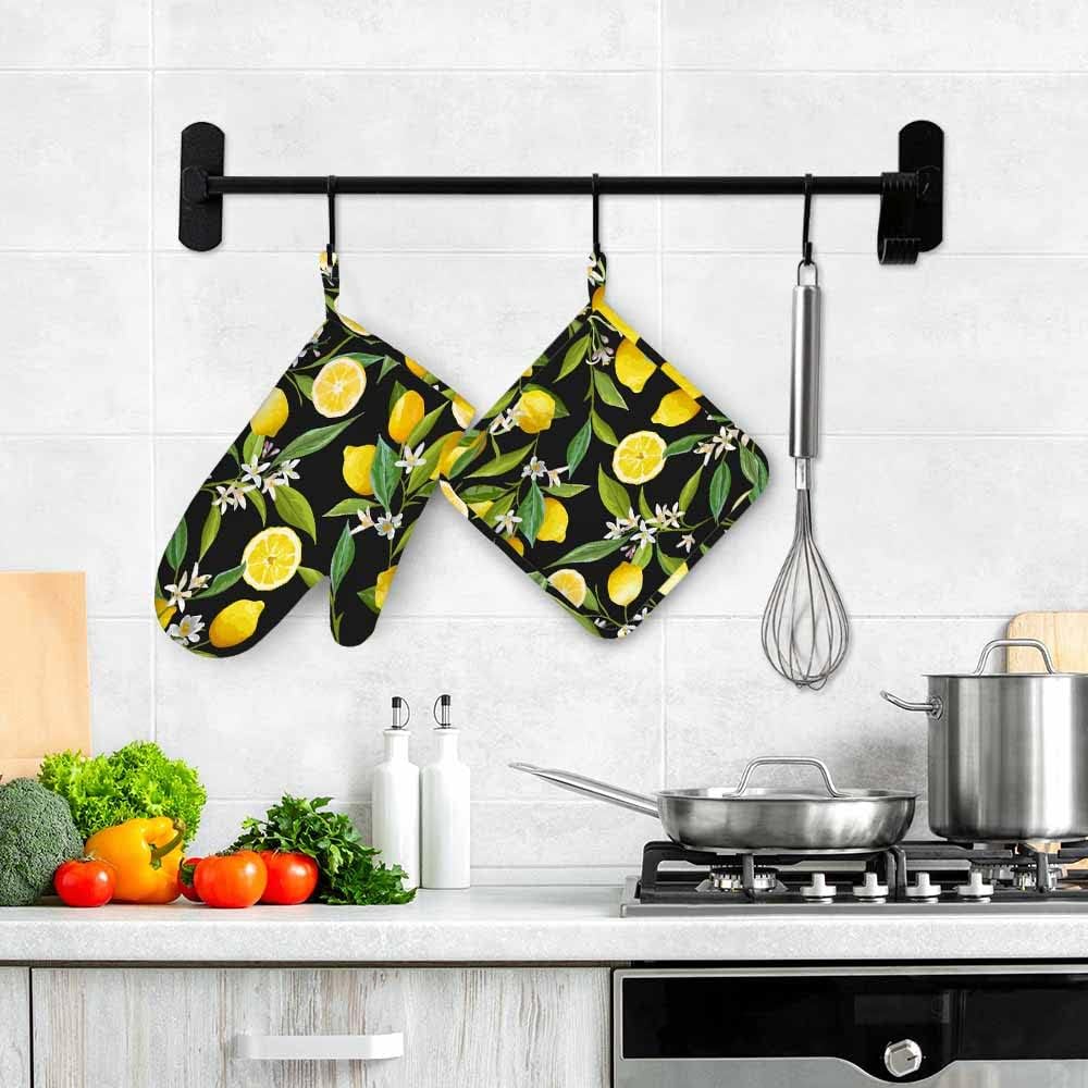 Juego de manoplas de horno de silicona con frutas de limón y soportes para ollas, flores, hojas, limones, guantes de barbacoa para cocina, cocina,