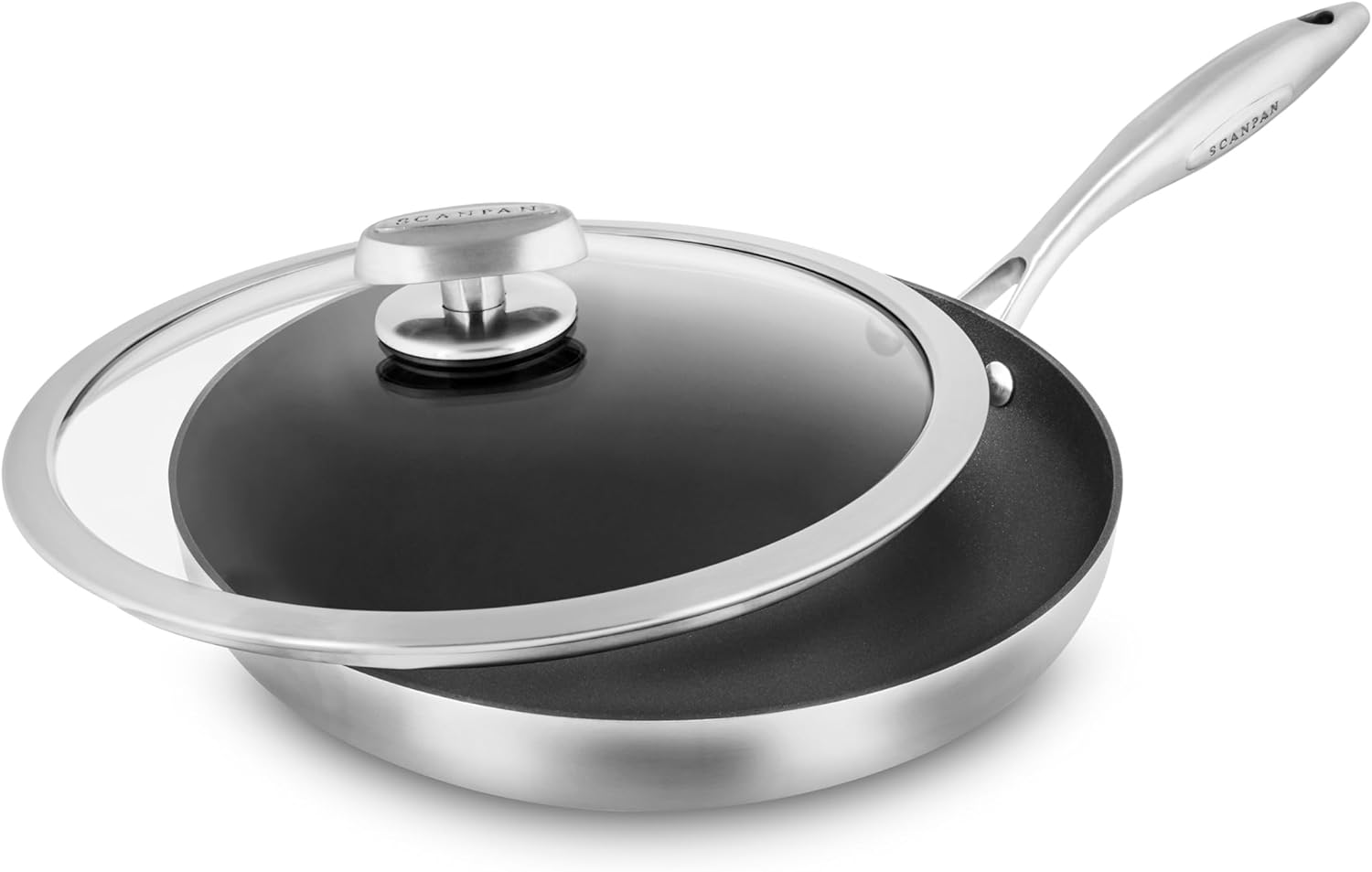Scanpan Sartén CX+ de 11 pulgadas con tapa de cristal, antiadherente Stratanium Plus, acero inoxidable de 5 capas