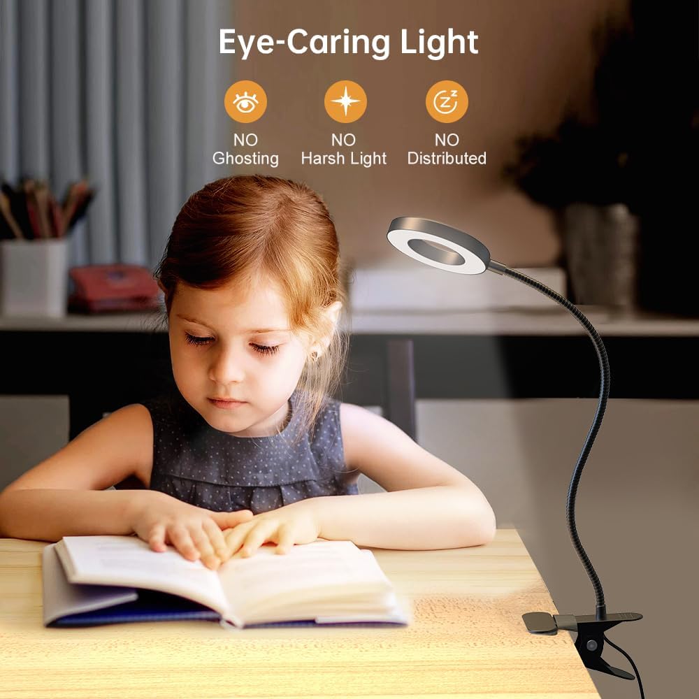 KEXIN Lámpara de mesa con clip, 3 modos de color, 10 brillos con abrazadera para el cuidado de los ojos, lámpara de lectura regulable, lámpara de