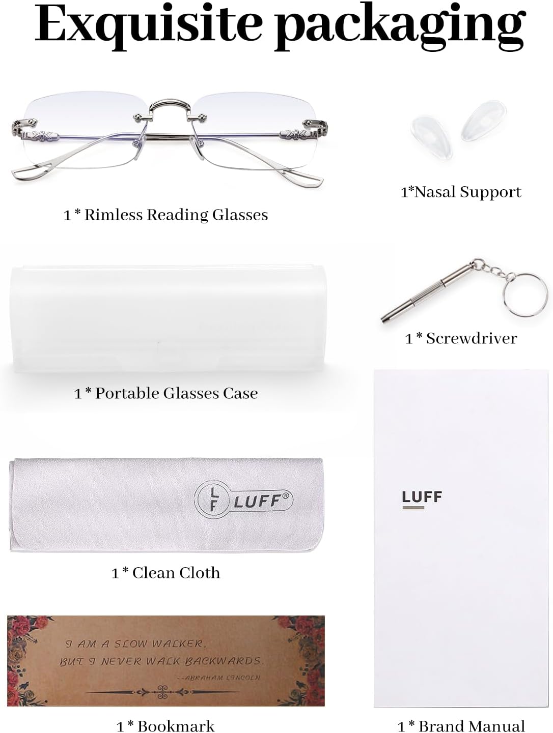 LUFF Anteojos de lectura sin marco para mujeres y hombres, lectores sin marco, lentes de lectura clásicos de metal claro azul antifatiga ocular