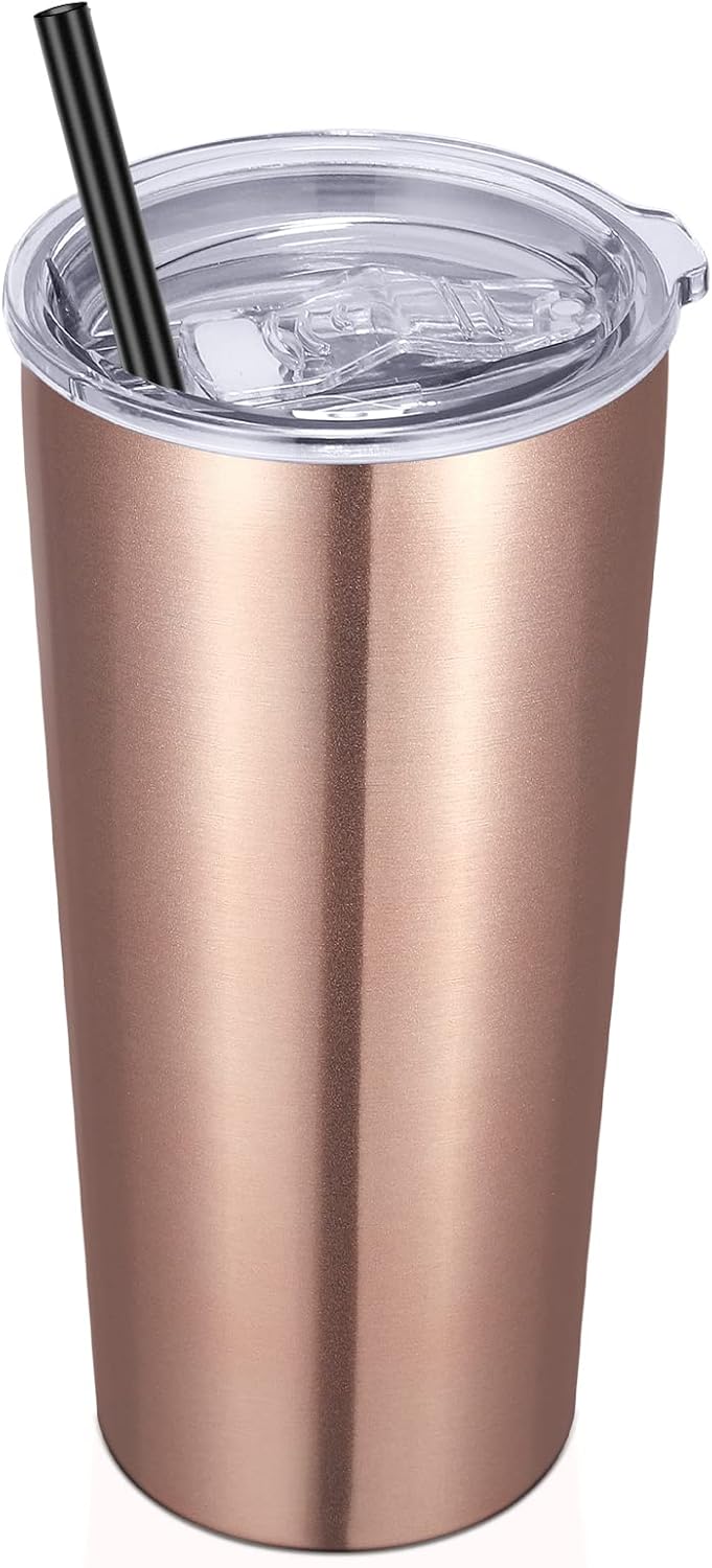 VEGOND – Vaso térmico de acero inoxidable de 20oz con doble pared aislante al vacío con tapa y pajita, para café, viaje, oro rosado