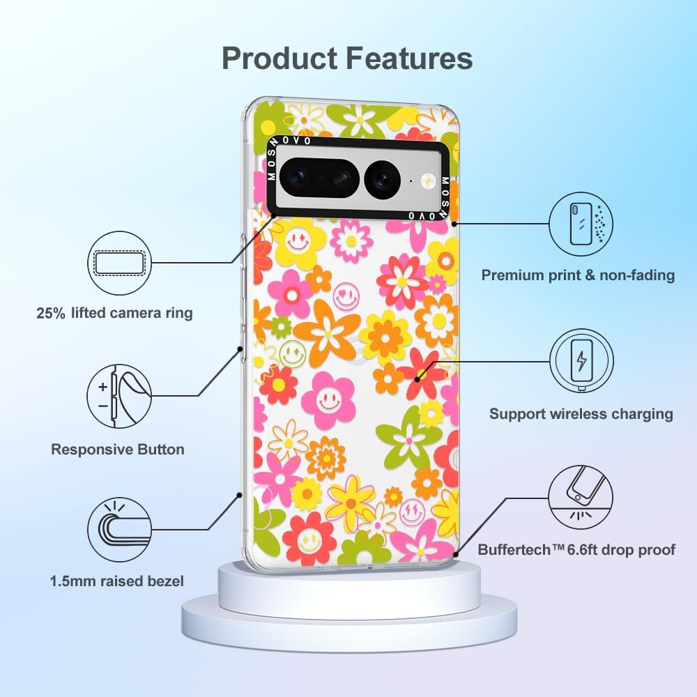 MOSNOVO Funda compatible con Google Pixel 7 Pro 5G, diseño floral transparente de los años 70, carcasa rígida de plástico transparente con