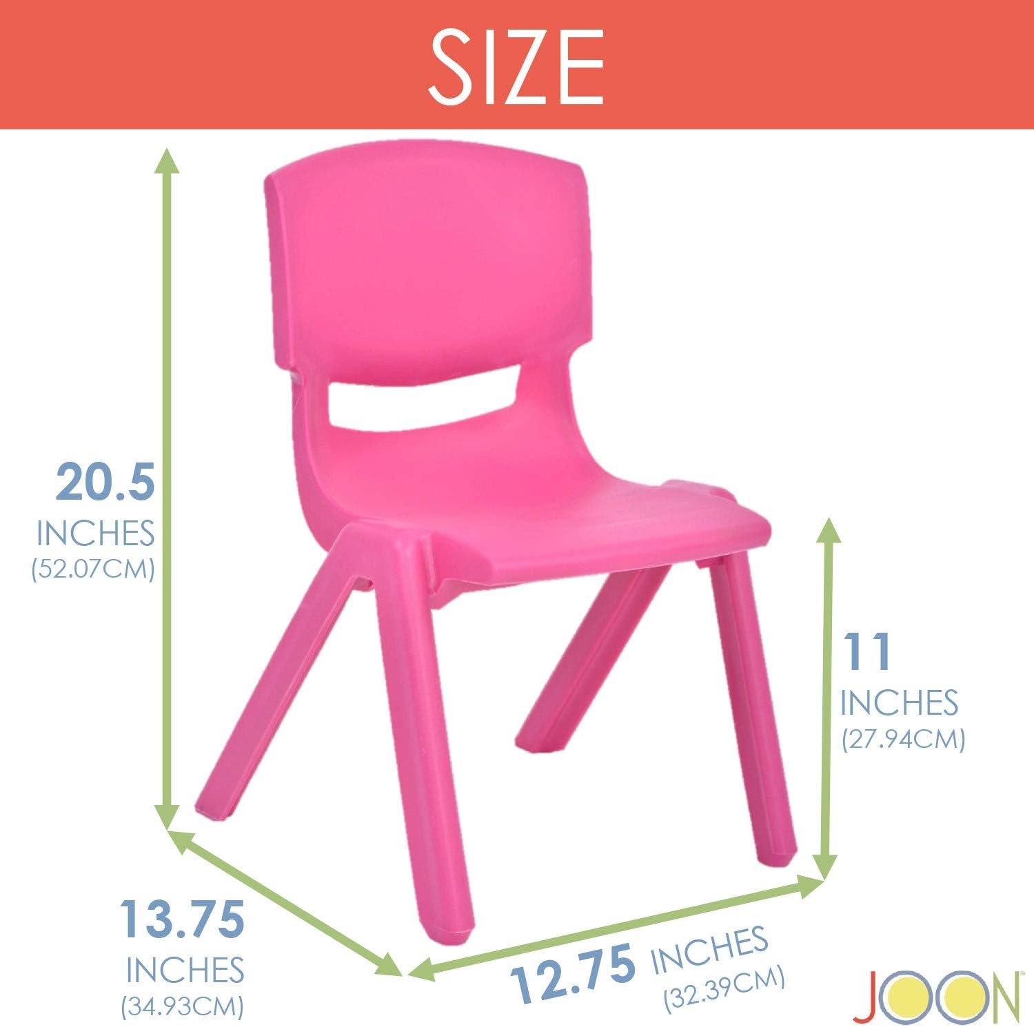 JOON Sillas apilables de plástico para niños, (paquete de 2), 20.5 x 12.75 x 11 pulgadas, la silla perfecta para salas de juegos, escuelas,