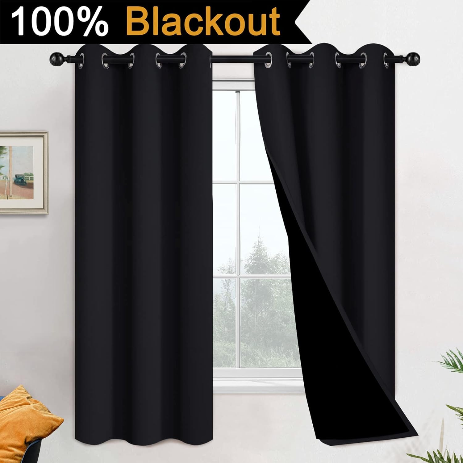 Yakamok Par de cortinas 100% opacas con forro para dormitorio, tratamiento de ventana, aislamiento térmico, bloqueo de ruido para sala de estar (42