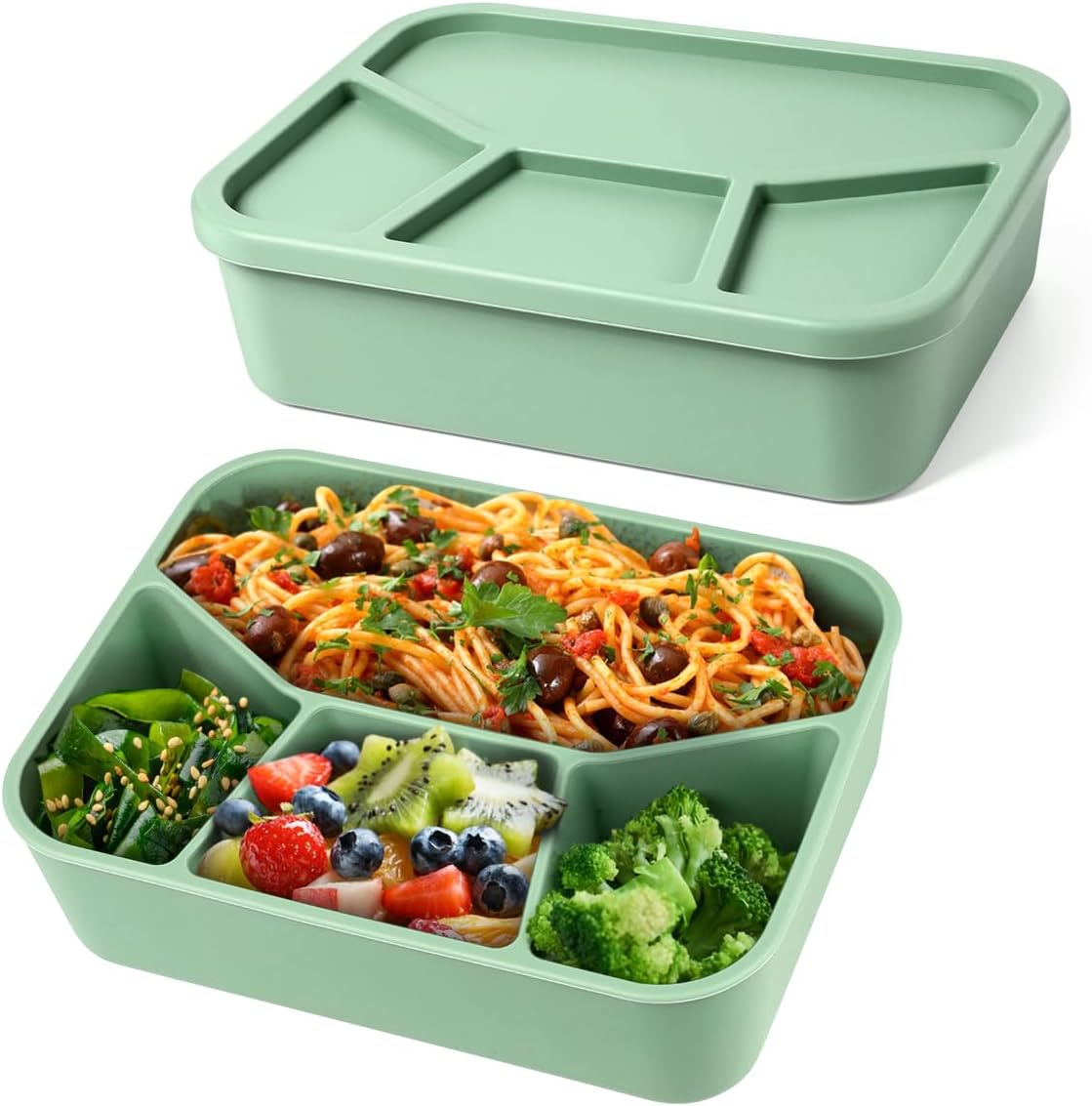 Keweis Caja Bento de silicona, contenedor de 4 compartimentos con tapas, cajas Bento para ensaladas a prueba de fugas, herméticas, aptas para