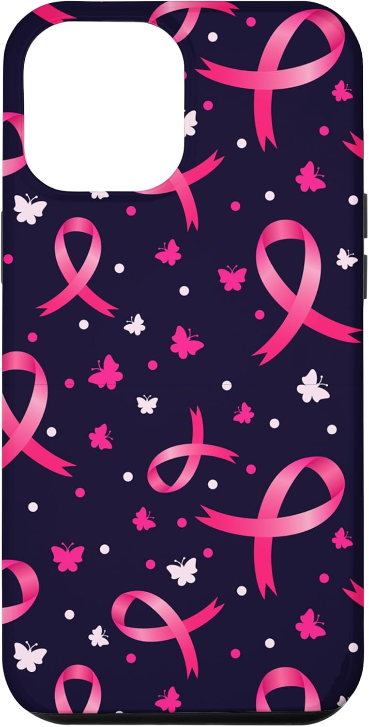 iPhone 13 Pro Max – Funda de soporte para mujer con patrón de cinta rosa para concientización sobre el cáncer de mama