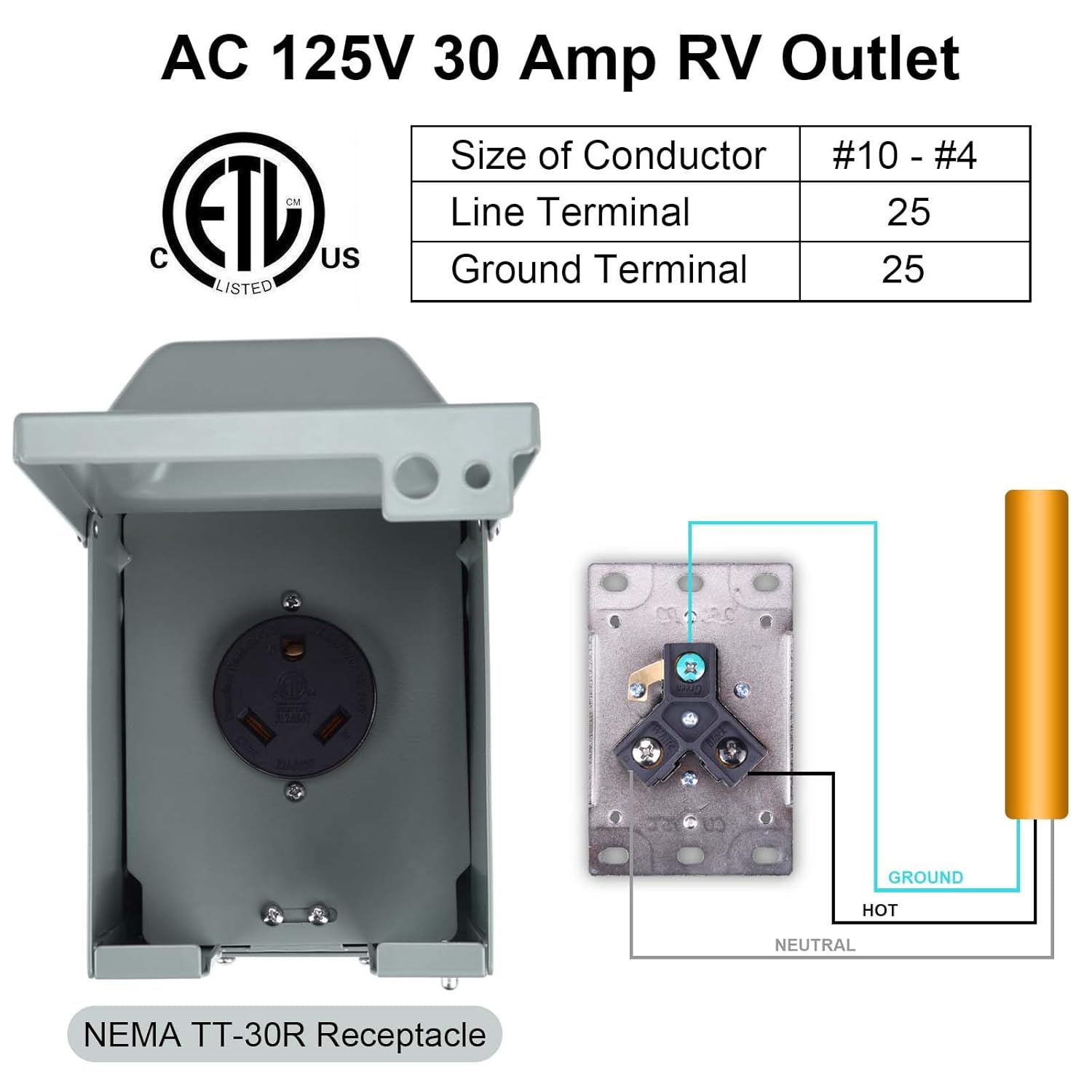 Enchufe RV de 30 amperios, salida Nema TT-30R de 125 voltios, enchufe cerrado y con cerradura para RV RV Camper Remolque de viaje, autocaravana,