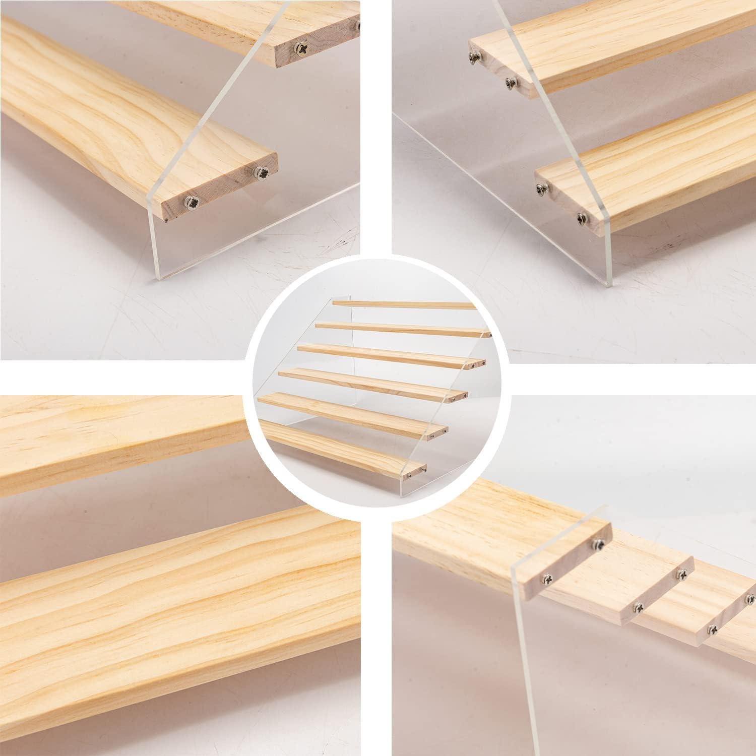 Paquete de 2 soportes de exhibición de acrílico de madera, organizador de estantes de madera escalonados de 6 escalones, estantes de mesa para