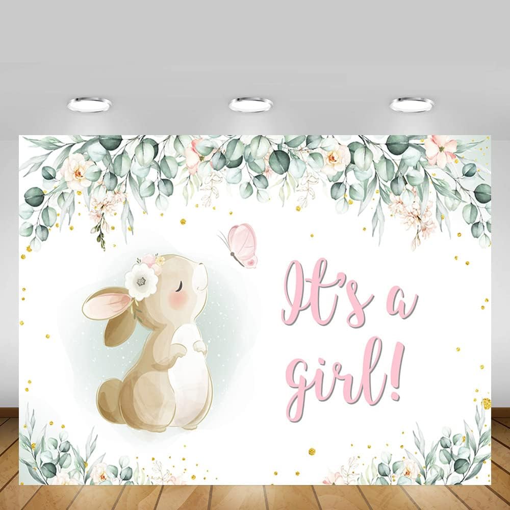 MEHOFOND Fondo para decoración de fiesta de baby shower, de 7 x 5 pies, pancarta de primavera de Pascua, rosa, floral, mariposa, conejo, hojas de