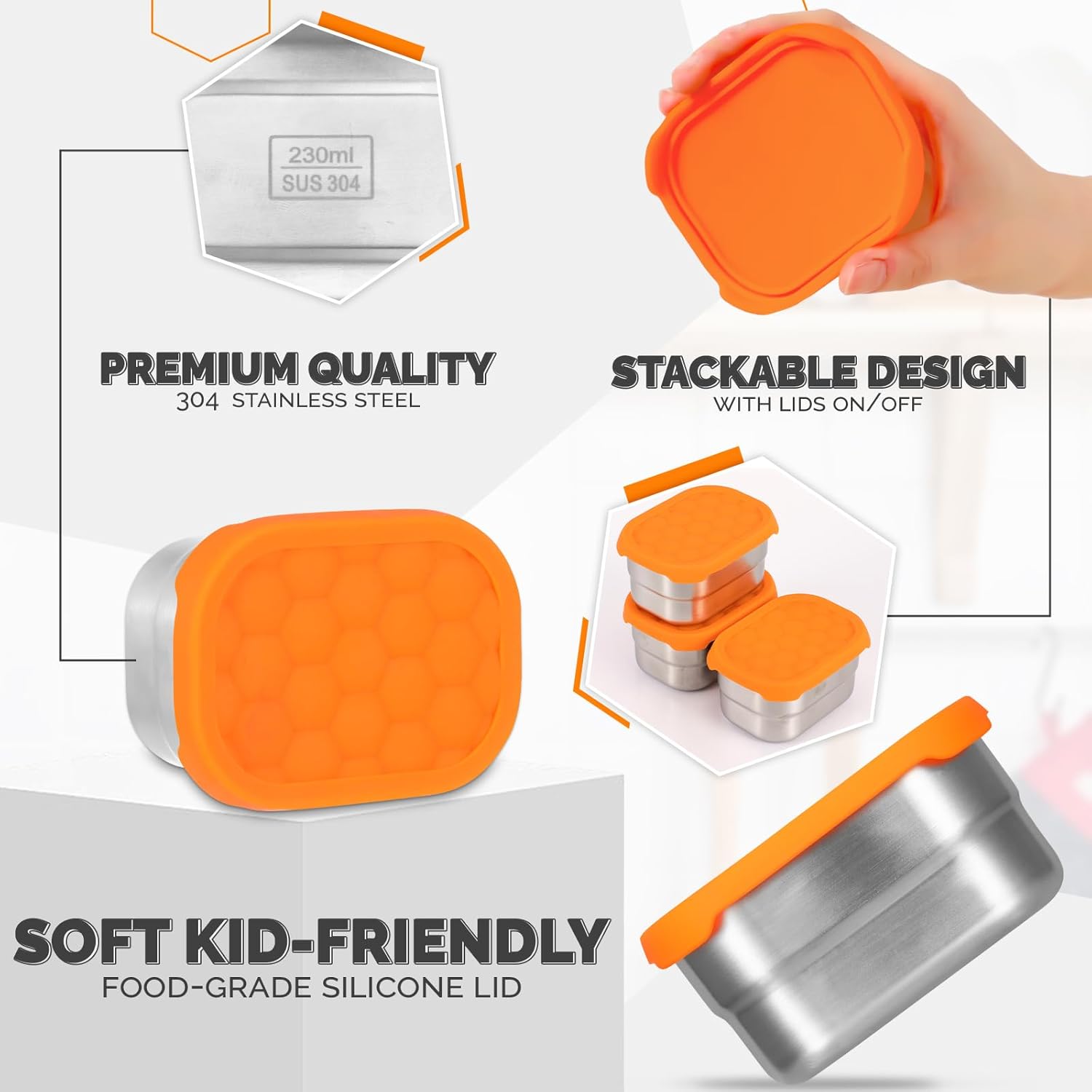 6 recipientes de acero inoxidable para niños, recipientes de alimentos de 8 onzas con tapas de silicona, lonchera de metal portátil reutilizable