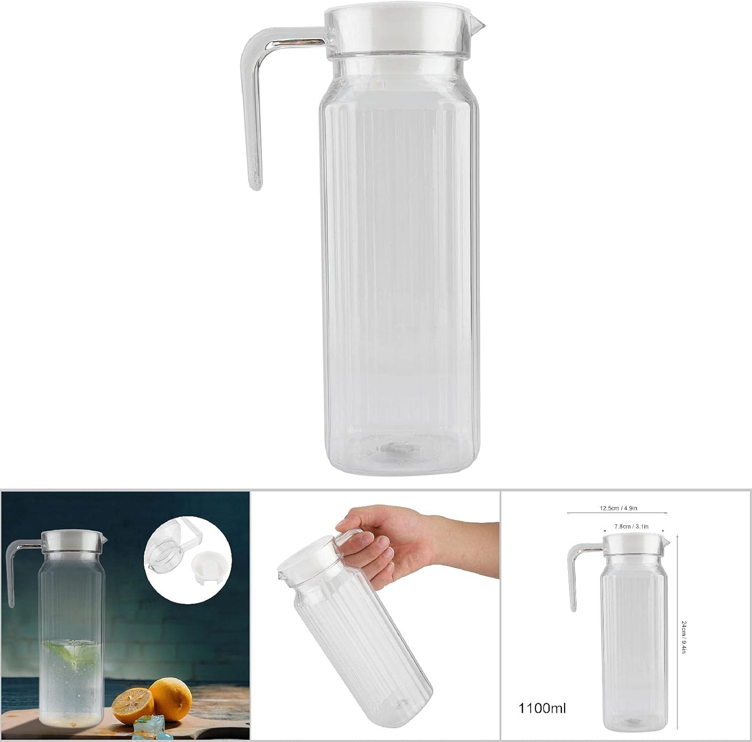Yctze – Jarra pequeña de vidrio transparente de acrílico, botella de jugo a rayas, agua fría, con tapa para bar y hogar (37.2 fl oz)
