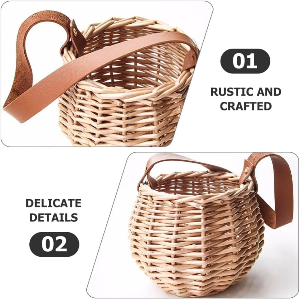 Cestas tejidas de mimbre con mango de cuero, cestas de flores para niñas, cesta de almacenamiento de dulces para boda, fiesta, decoración del hogar