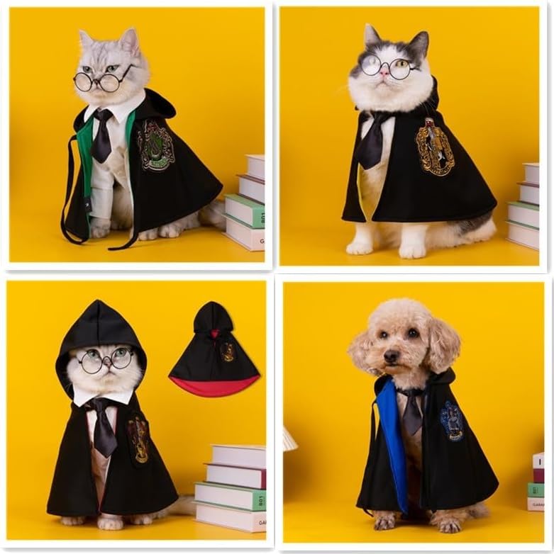 Disfraz de Halloween para gatos, vestido de mago para perro, vestido de cosplay con capa de bruja, corbatín y gafas, ropa de fiesta para mascotas