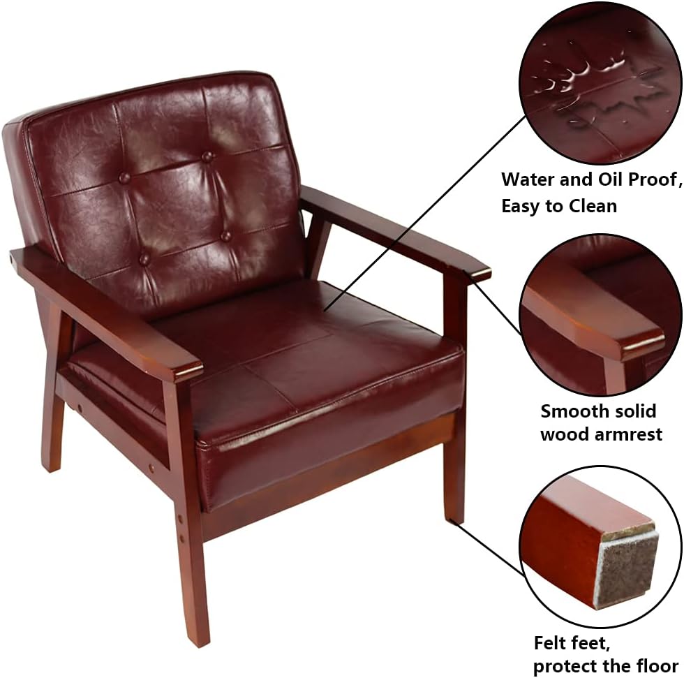 KKTONER Sofá de tela de salón moderno retro de mediados de siglo Silla de madera Sala de estar Dormitorio Estudio Balcón Sillón (rojo)