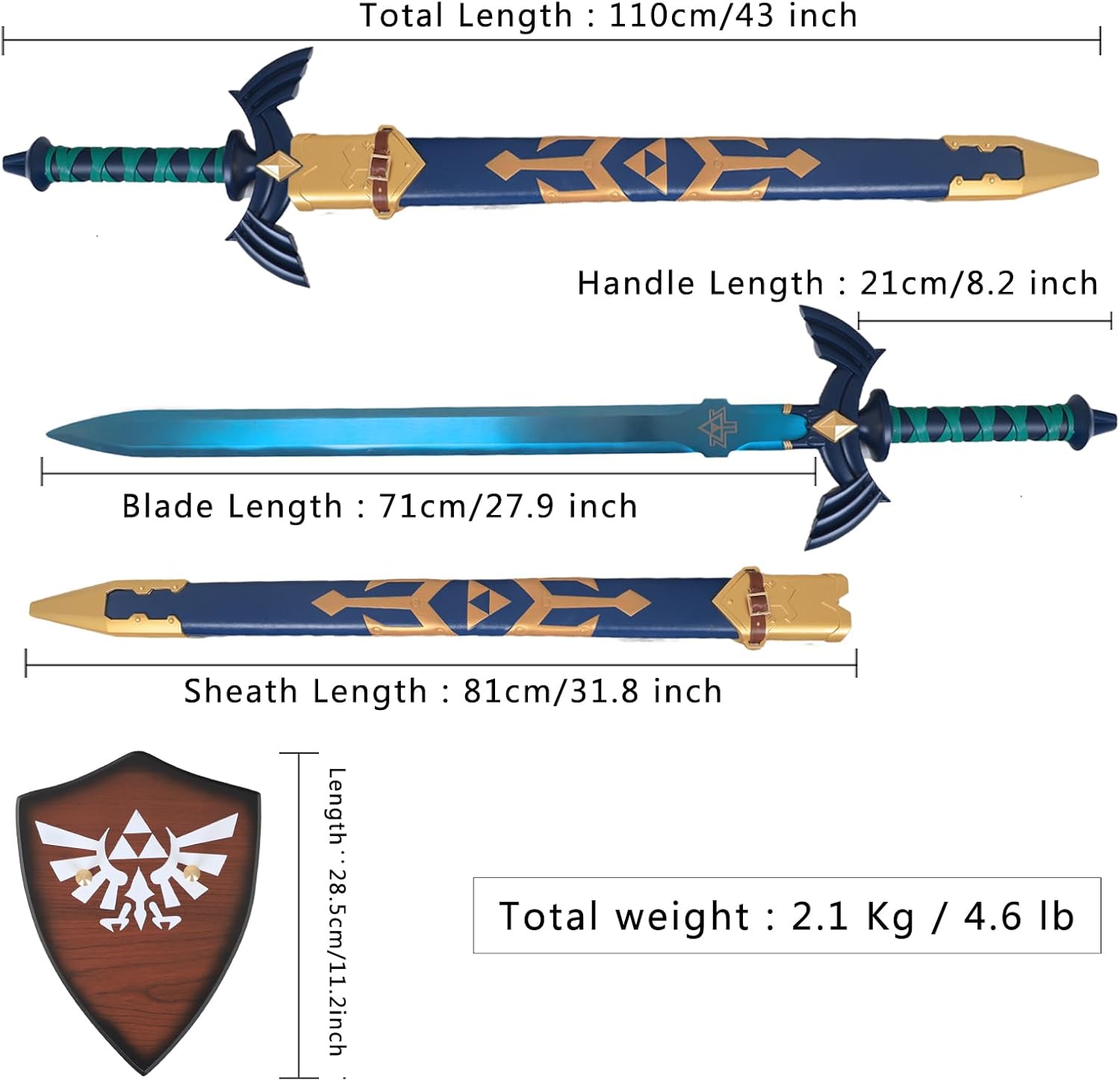 Wuton Legend of Zelda Master – Espada de eslabones de metal completo, réplica de hoja azul de acero inoxidable 11, espada real de 43 pulgadas,