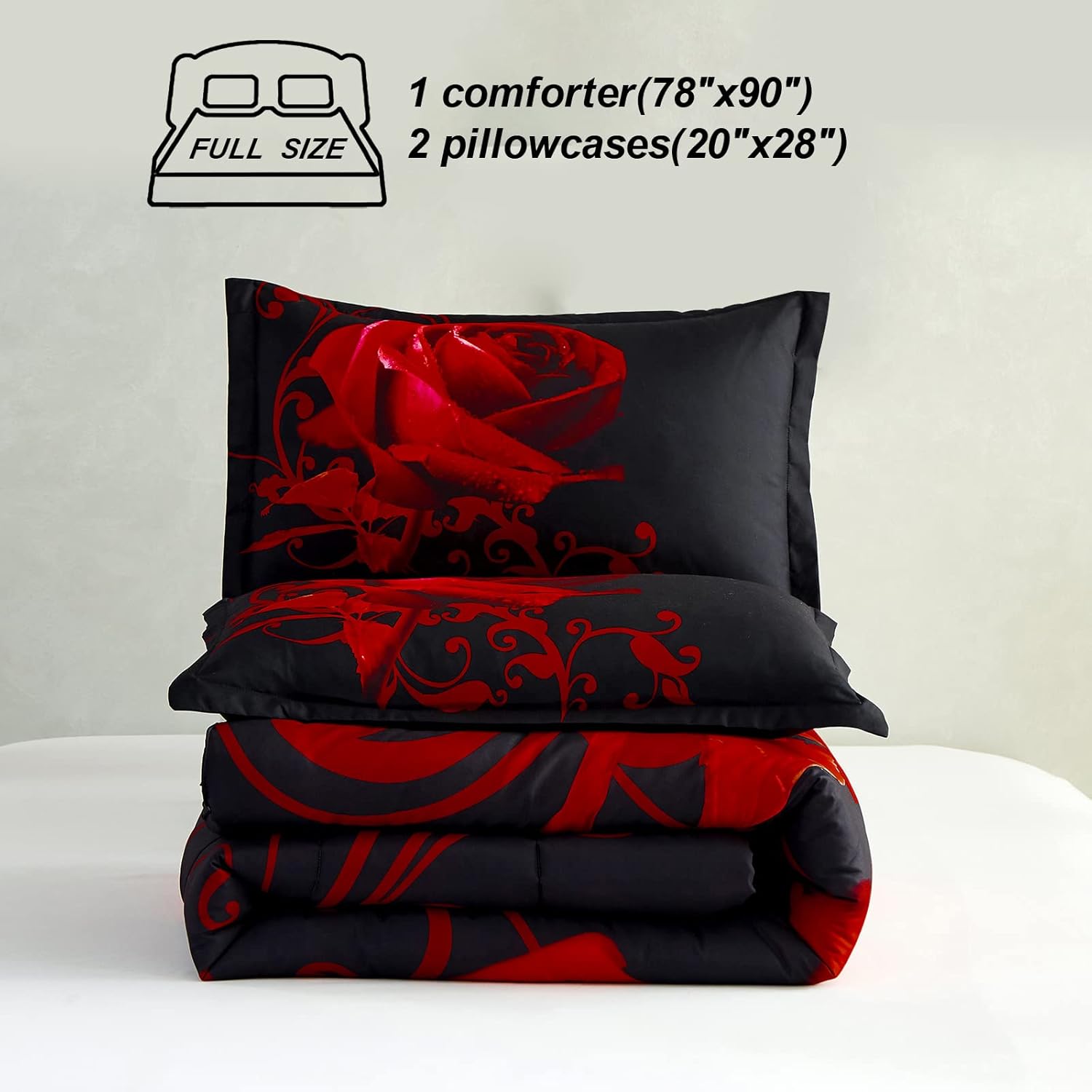 Juego de edredón rojo reversible con patrón de rosas rojas con 2 fundas de almohada para todas las estaciones, juego de ropa de cama ligero de