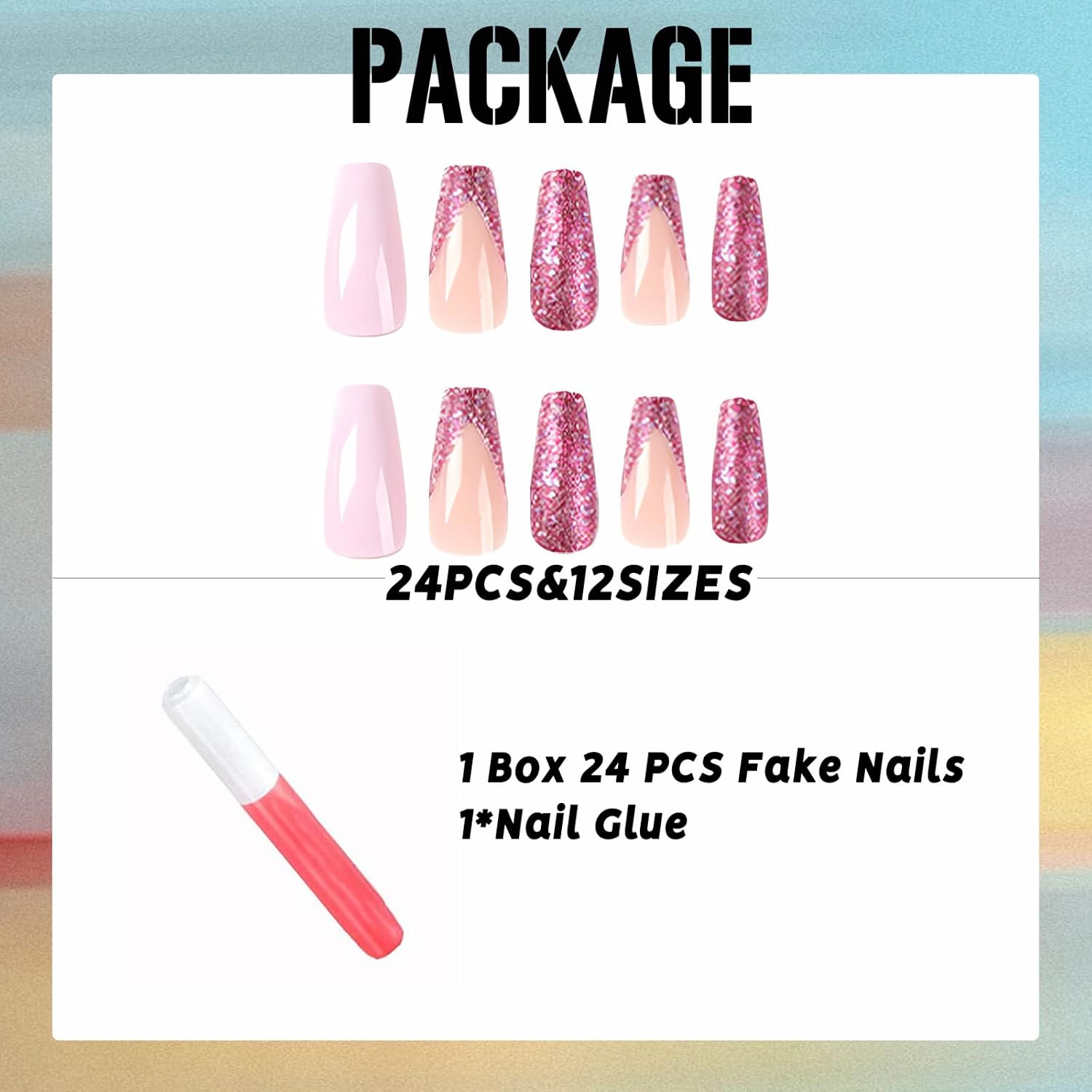 IMSOHOT Uñas postizas largas a presión, estilo ataúd, francesas, con purpurina, uñas postizas brillantes de cobertura completa, uñas acrílicas