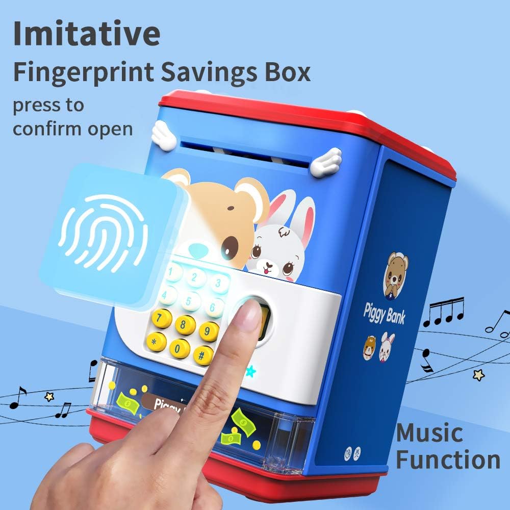 AIQI Hucha de juguete electrónico mini cajero automático con contraseña personal y simulación de desbloqueo de huellas dactilares, caja de música