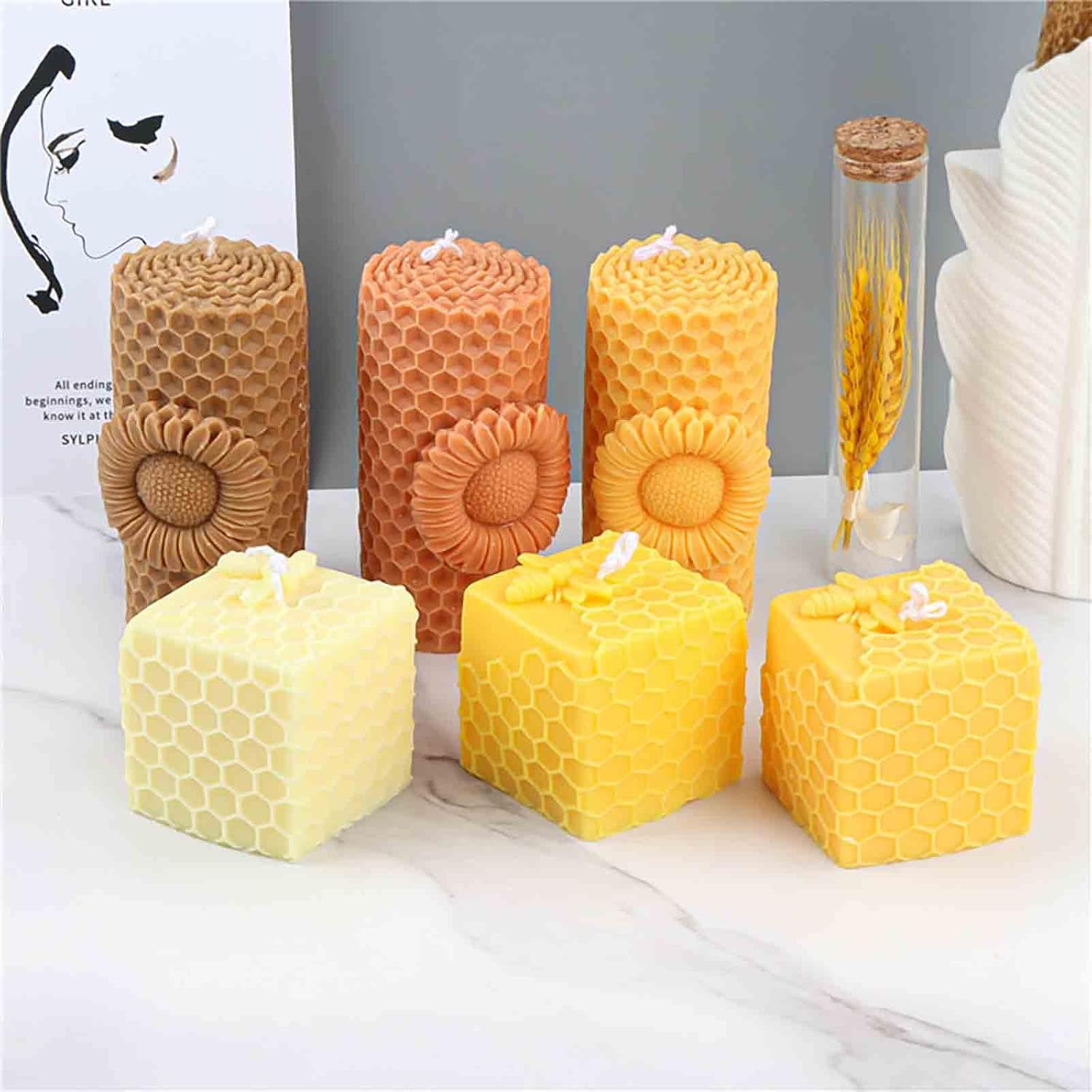 Grainrain Moldes de silicona para velas de cera de abeja 3D con diseño de flor de sol, para hacer velas, cera y jabón, moldes de silicona para velas