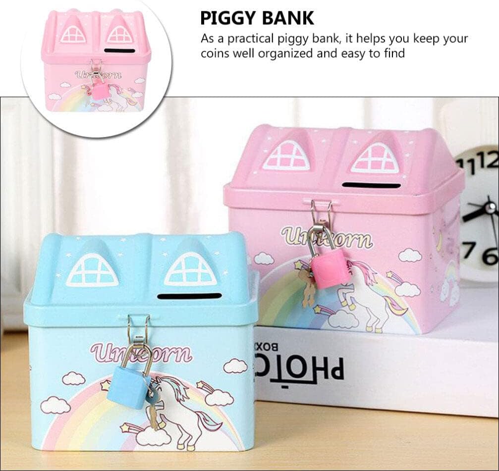 Alcancía con forma de casa para niñas con cerradura y llave, banco de dinero de unicornio de metal para niñas y niños, regalo y decoración del hogar