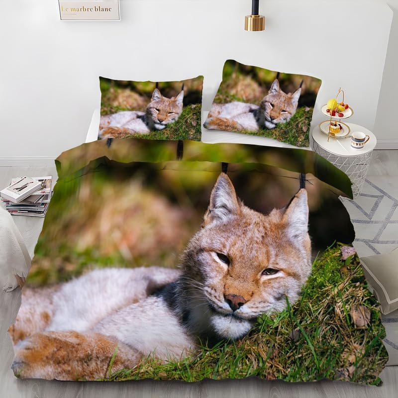 Dark Brown Small Animals Duvet Cover Queen Lynx Print Bedding Sets Queen Soft Microfiber Comforter Cover and 2 Pillow Shams 20″X26″, Bed Set Duvet