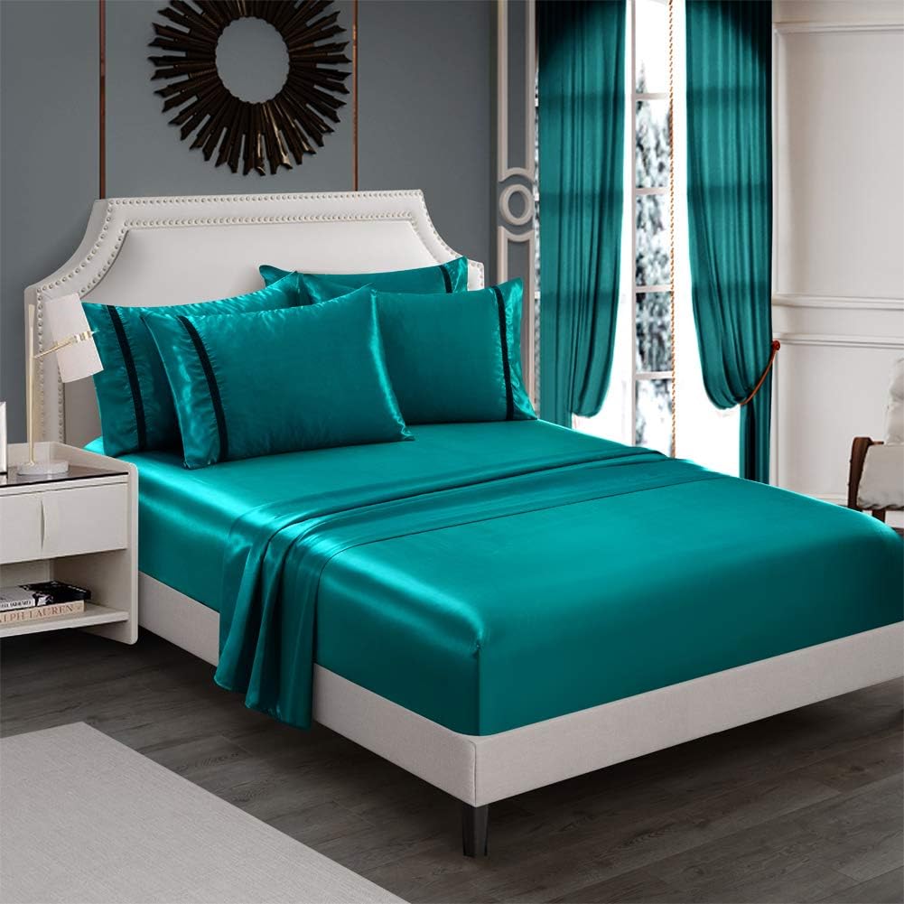 RevenRella – Ropa de cama de seda con 6 piezas, fundas de almohada y sábana bajera con bolsillo profundo, súper suave, lujosa, color liso, sexy,