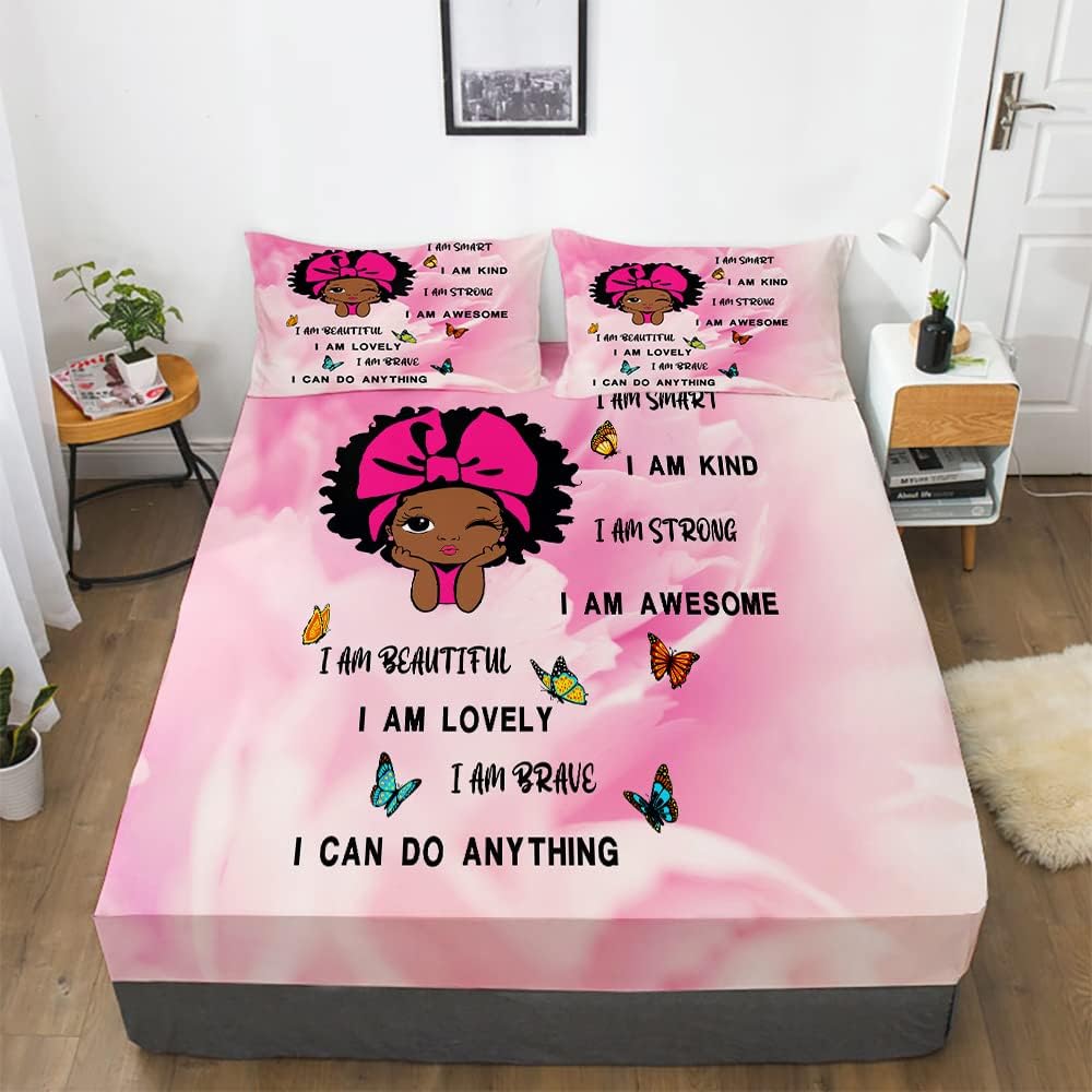 Black Girl Magic – Juego de sábanas bajeras de tamaño individual para niña afroamericana, bonito juego de sábanas bajeras de princesa negra afro