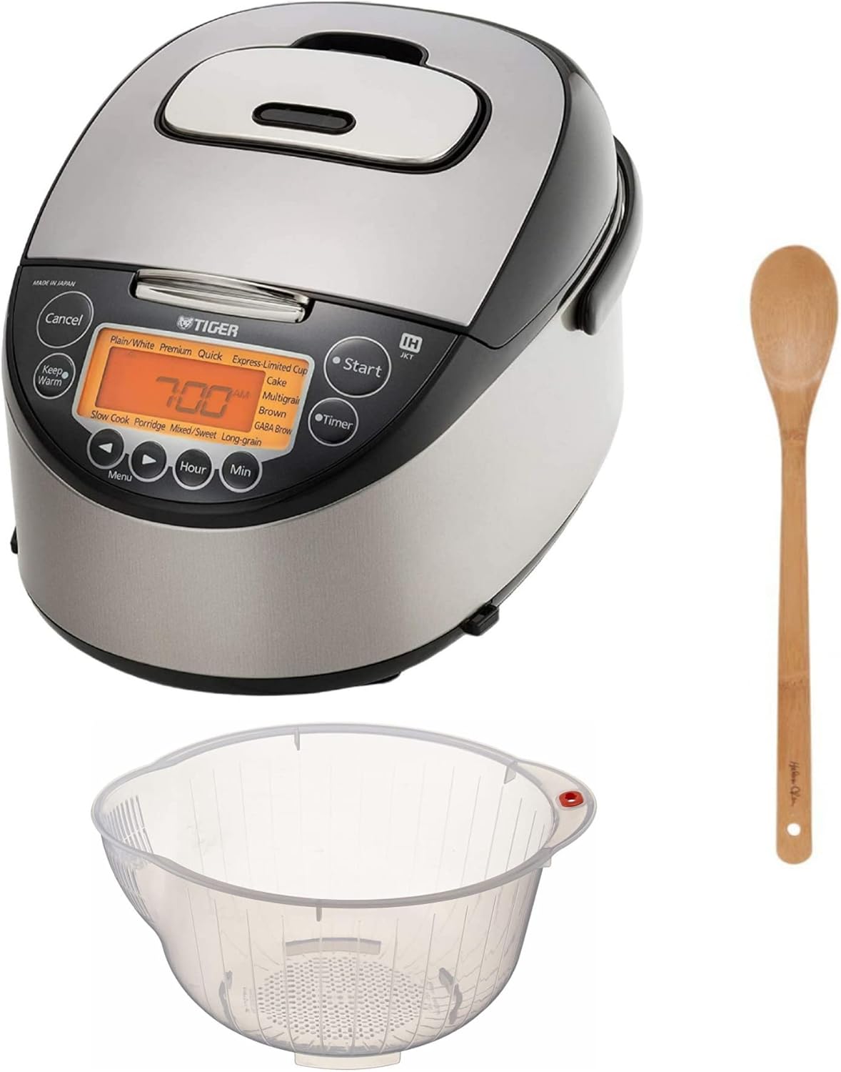 Tiger JKT-D18U – Olla arrocera de calentamiento por inducción de 10 tazas (negro e acero inoxidable) con cuenco de lavado de arroz y cuchara de