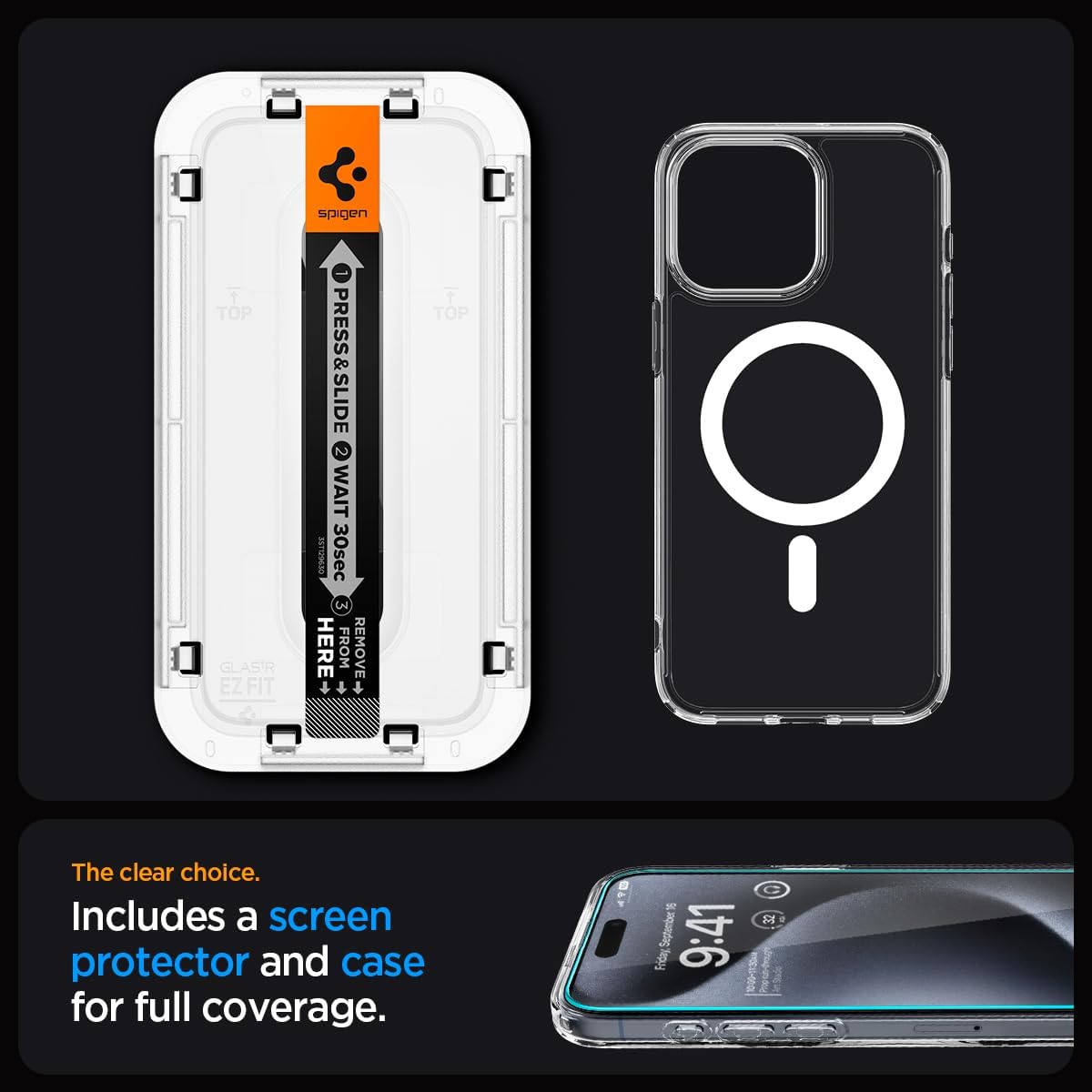 Spigen MagFit – Funda magnética ultra híbrida diseñada para iPhone 15 Pro Max, protector de pantalla de vidrio EZ Fit, antiamarilleo, protección de