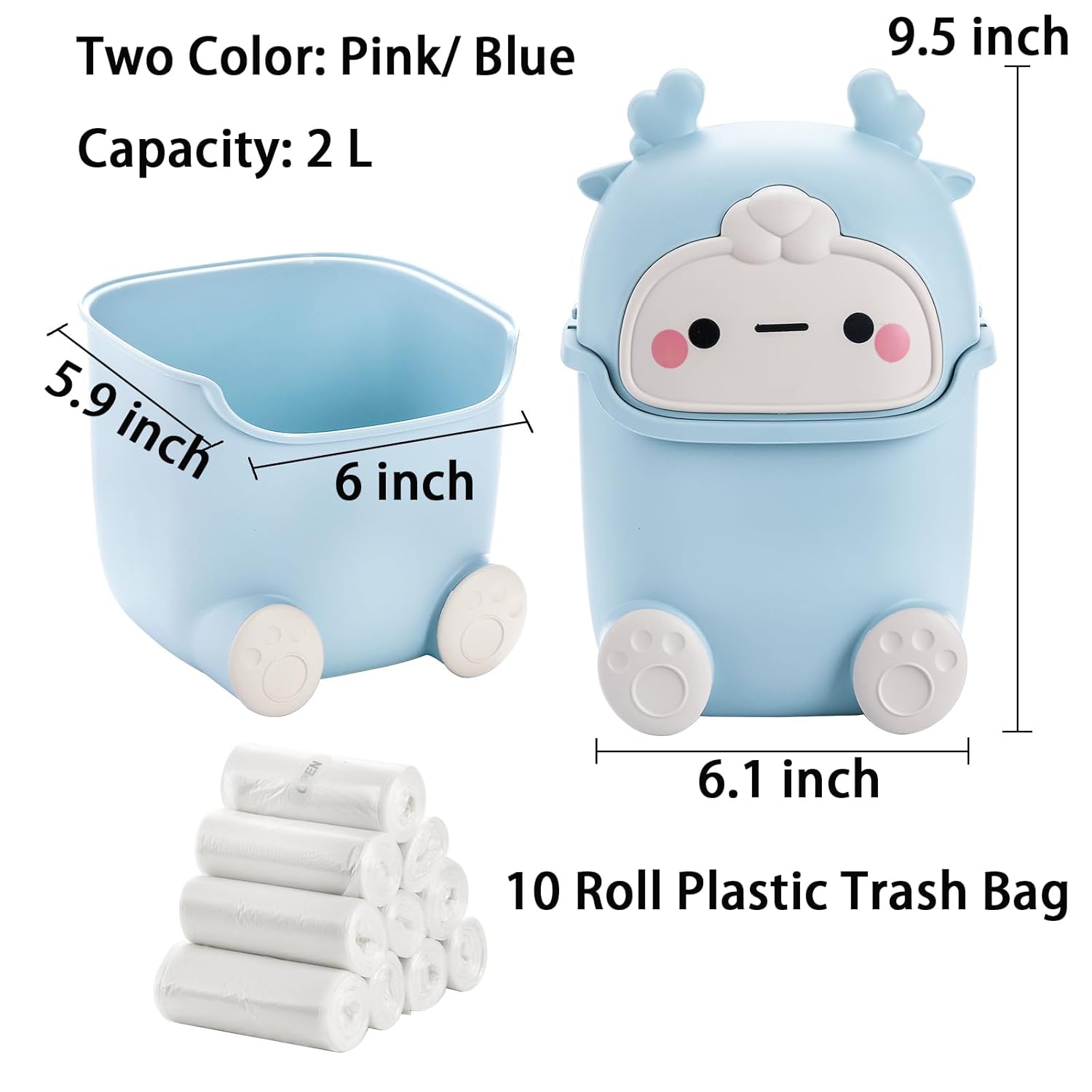 TOPZEA Paquete de 2 mini botes de basura con tapa abatible, de plástico de 2 litros, cesta de basura pequeña con 200 bolsas de basura, papelera de