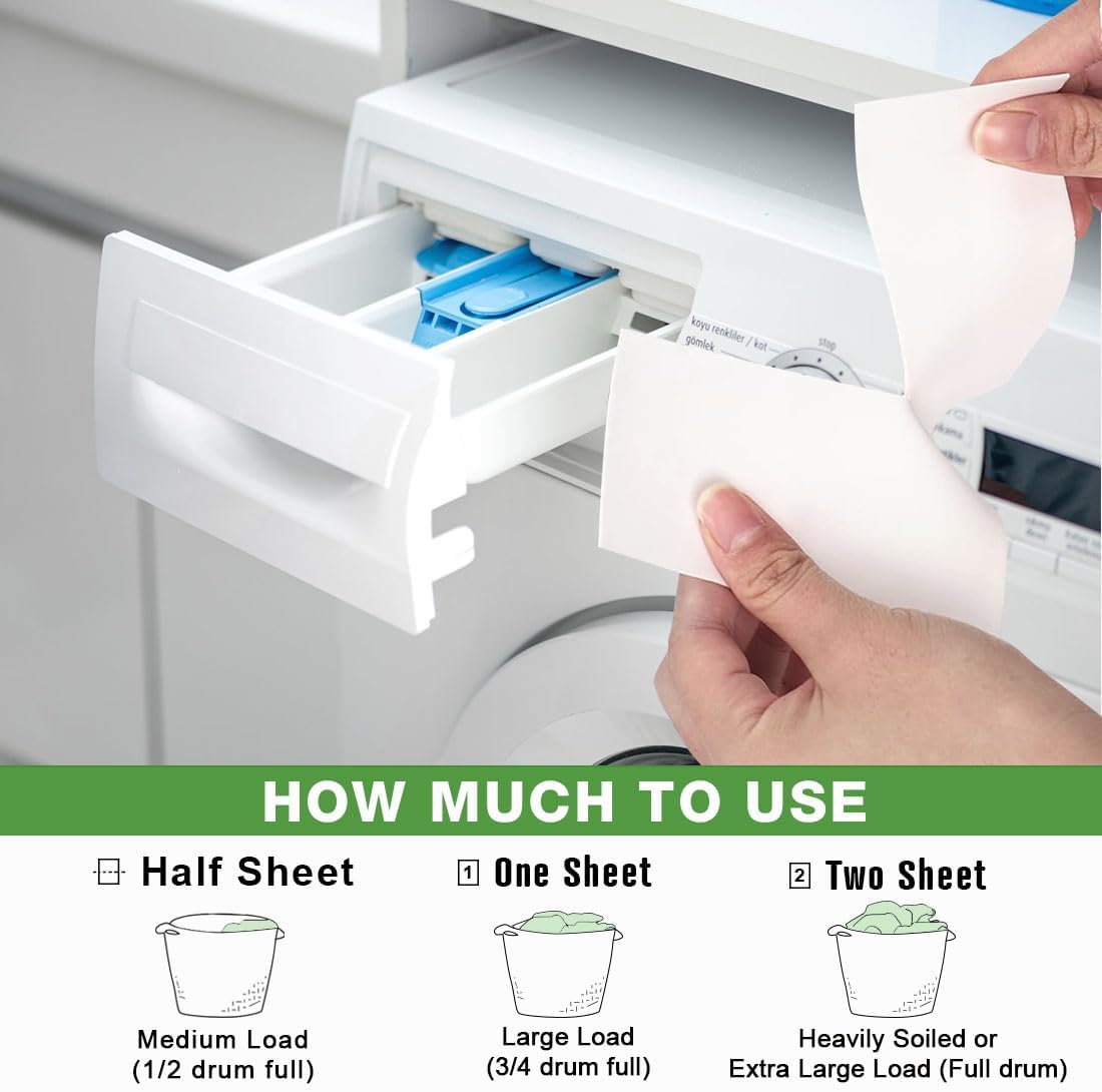 HOMEXCEL Hojas de detergente para ropa, aroma fresco, ecológicas, 80 unidades, sin plástico, hipoalergénicas, bajas en espuma, fáciles de usar,
