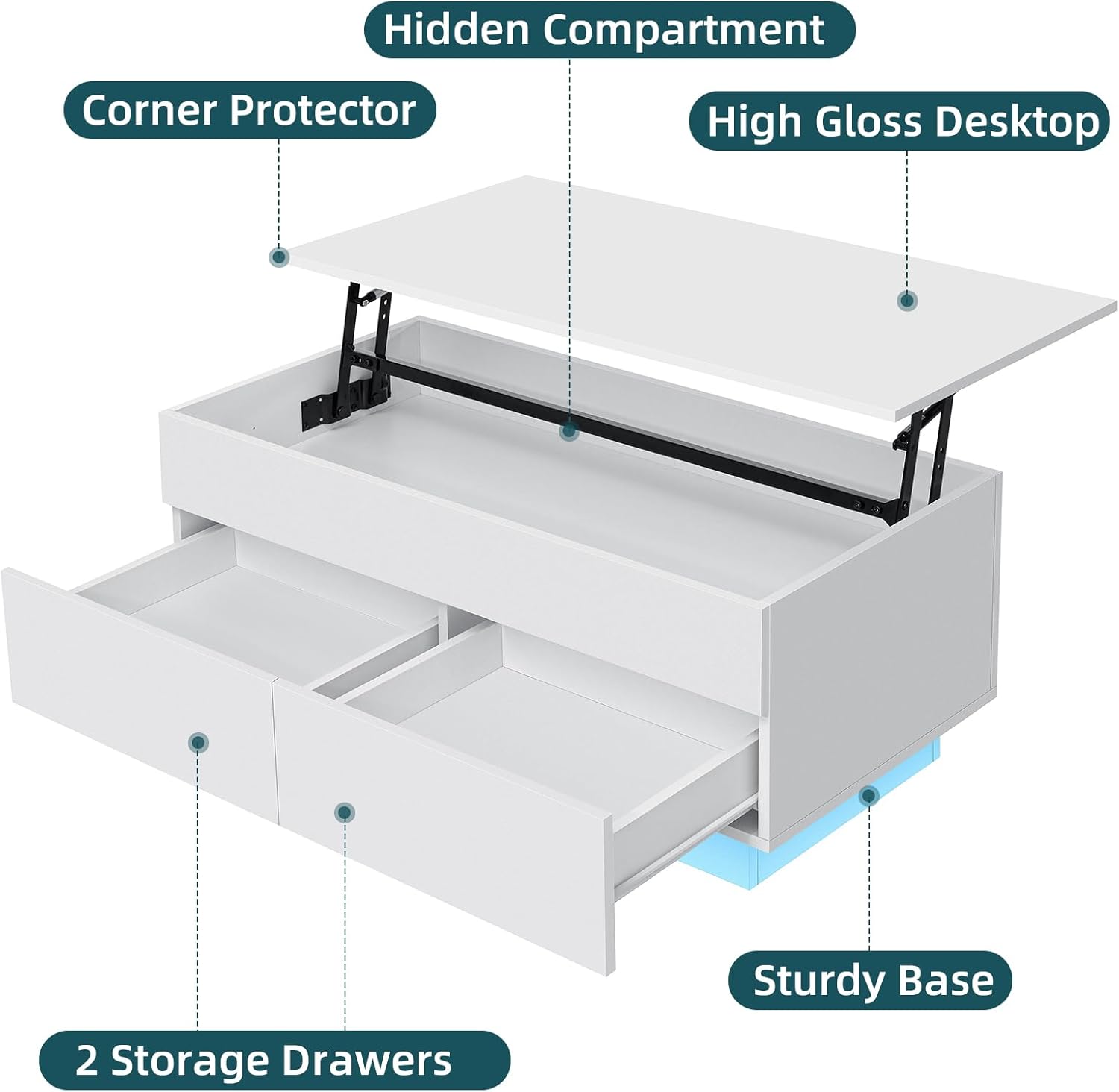 HOMMPA Morden – Mesa de centro elevable con almacenamiento oculto, mesa de centro LED de alto brillo, mesa de té de 3 niveles con mesas centrales de