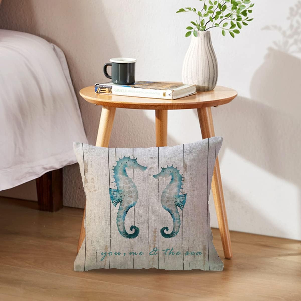 Fundas de almohada con temática de océano de verano, diseño de estrellas de mar de grano de madera, hipocampo con citas, fundas de almohada