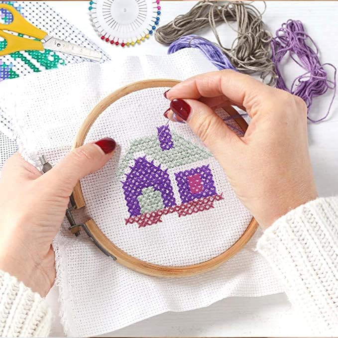 Kits de iniciación de bordado estampado árbol verde con patrón para principiantes, aros de tela, hilos de costura, arte de punto de cruz,