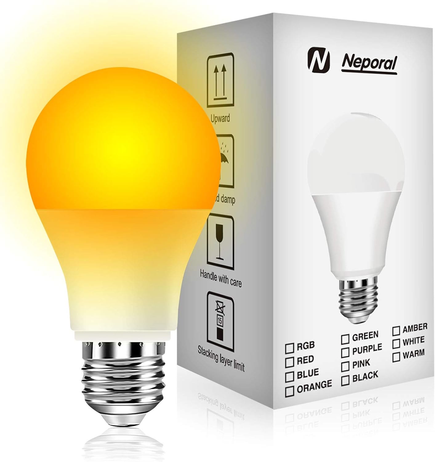 Neporal Bombillas de luz ámbar, bombillas suaves A19 equivalentes a 9 W 60 W, bombillas cálidas con bloqueo de luz azul, bombillas nocturnas ámbar