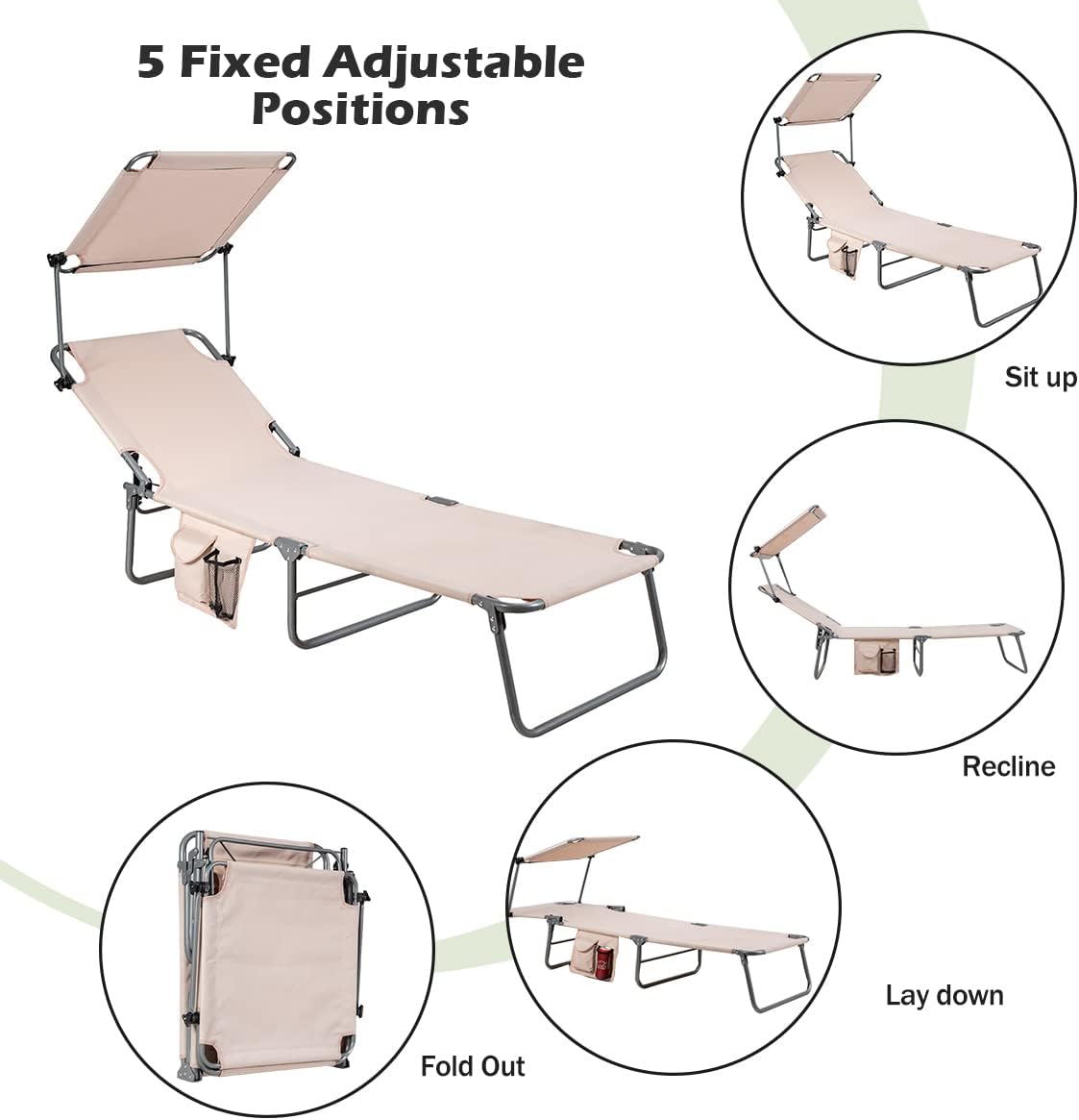 Giantex Silla bronceadora, tumbona de patio con 5 posiciones ajustables, toldo de sombra, bolsillo de almacenamiento, cuna de campamento, sillón