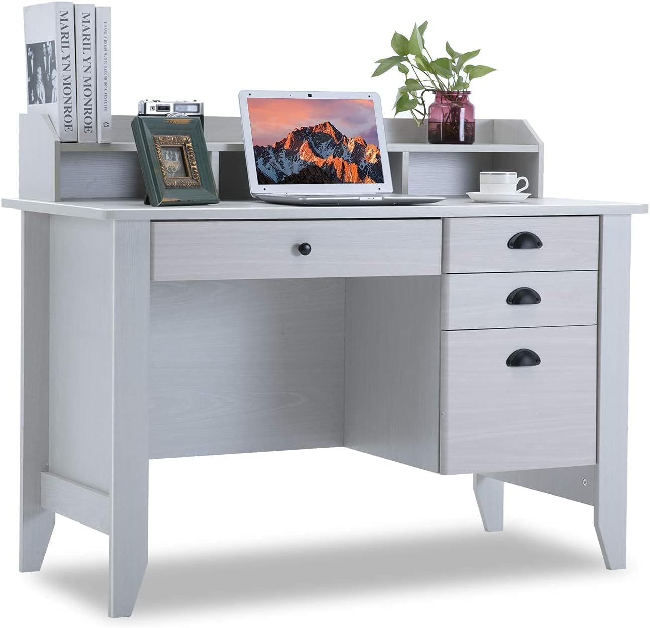 Escritorio blanco con cajones y gabinete, pequeño escritorio blanco con estante de almacenamiento, escritorio de computadora con cajón de archivos,