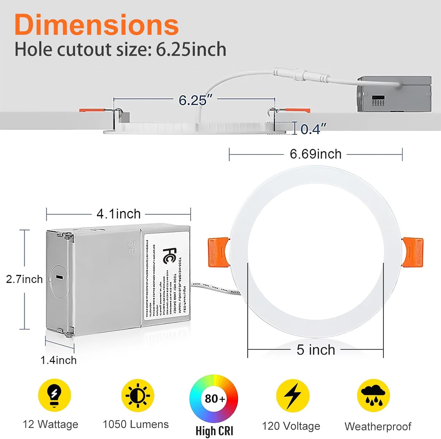 Paquete de 12 luces empotrables LED empotrables de 6 pulgadas con caja de conexiones, luz empotrada de brillo de 1050 lm, 12 W 110 W Eqv, luces