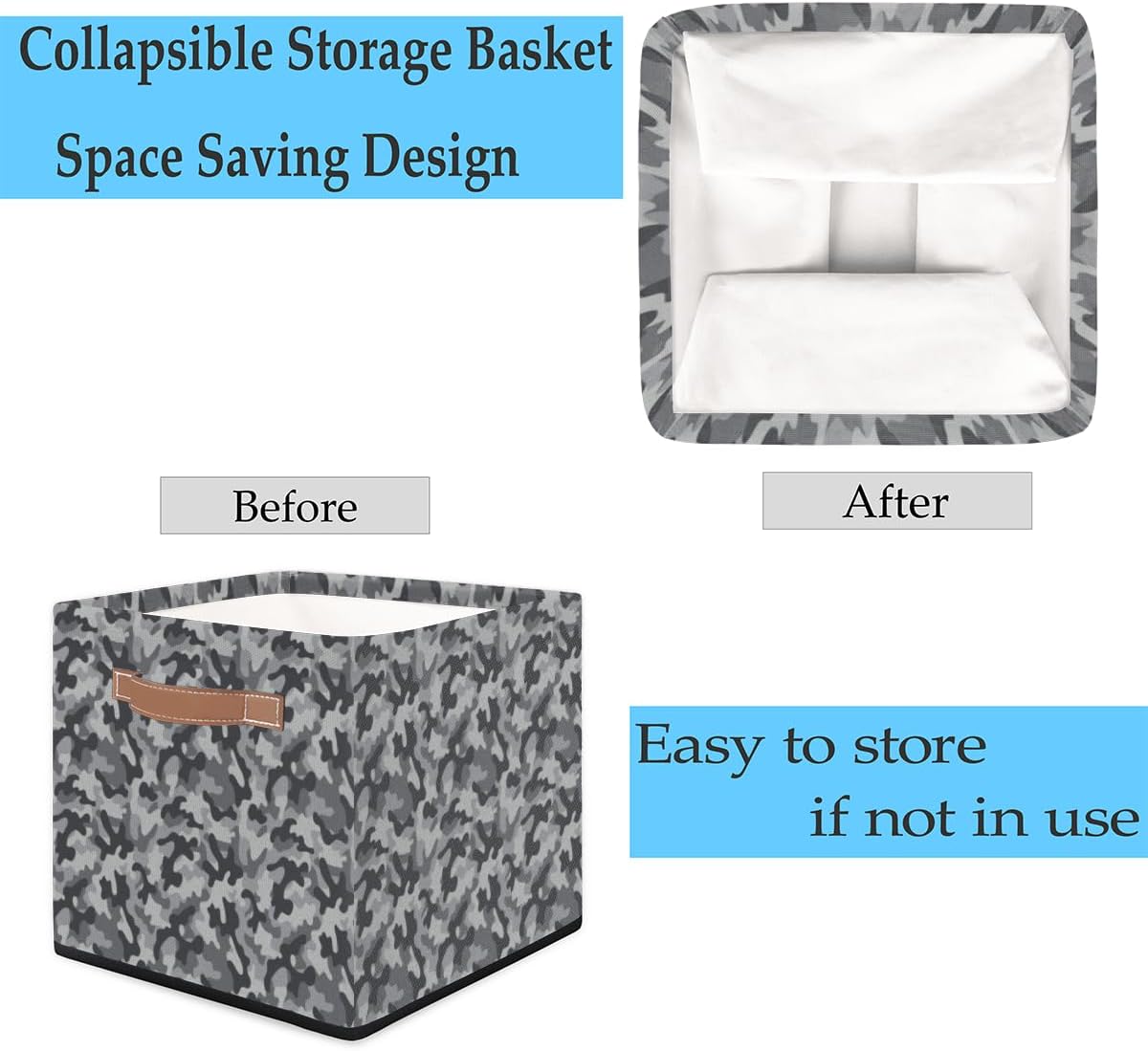 KOBLEN Modern Camouflage Square Storage Basket Collapsible Storage Box Clothes Basket 13×13 Inch Large Cube Storage Bin With PU Leather Handle for