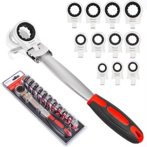 Juego de llaves de trinquete desmontables 12 en 1, cabezal giratorio de 180 grados, herramienta de llave de trinquete métrica flexible con cabezales Juego de llaves de trinquete desmontables 12 en 1, cabezal giratorio de 180 grados, herramienta de llave de trinquete métrica flexible con cabezales