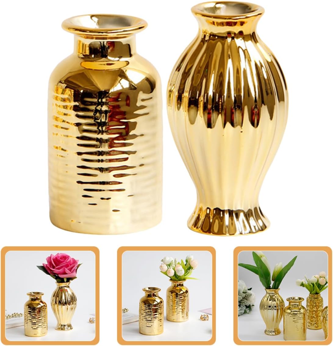 NOLITOY Jarrón pequeño chapado en oro, 10 piezas, jarrón de flores geométricas secas, florero de cristal dorado, jarrón de vidrio dorado, jarrones