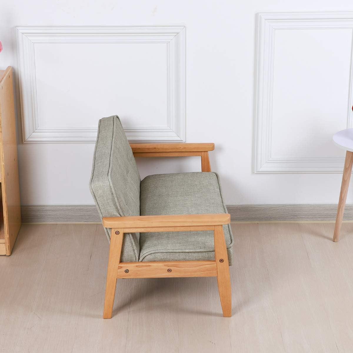 Yoonnie room Sofá de doble plaza para niños, sofá para niños con brazo de madera maciza y patrón de lino de PVC para el descanso de los niños (gris
