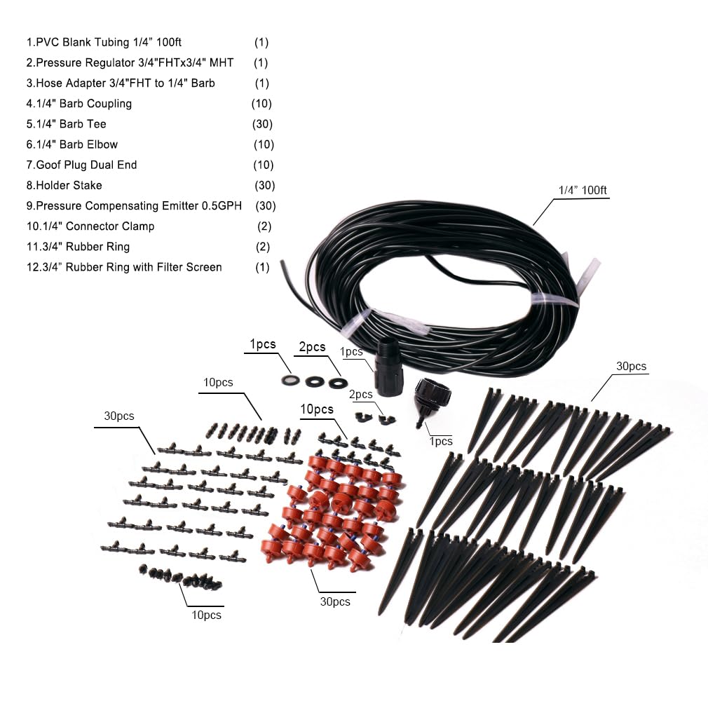 Kit de riego por goteo automático de agua hasta 30 contenedores 0.5 GPH emisores de goteo para plantas de jardín y jardín Rayurain