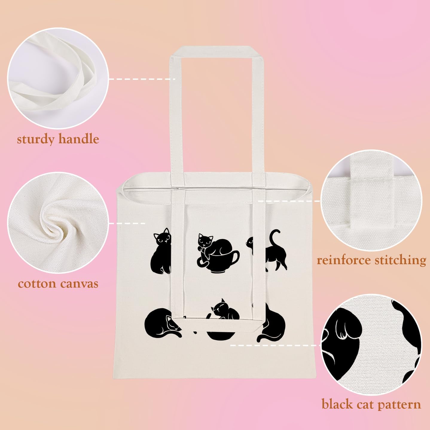 Louise Maelys Bonita bolsa de lona para mujer, bolsas de compras estéticas, con patrón de gatos negros, bolsas reutilizables para comestibles,