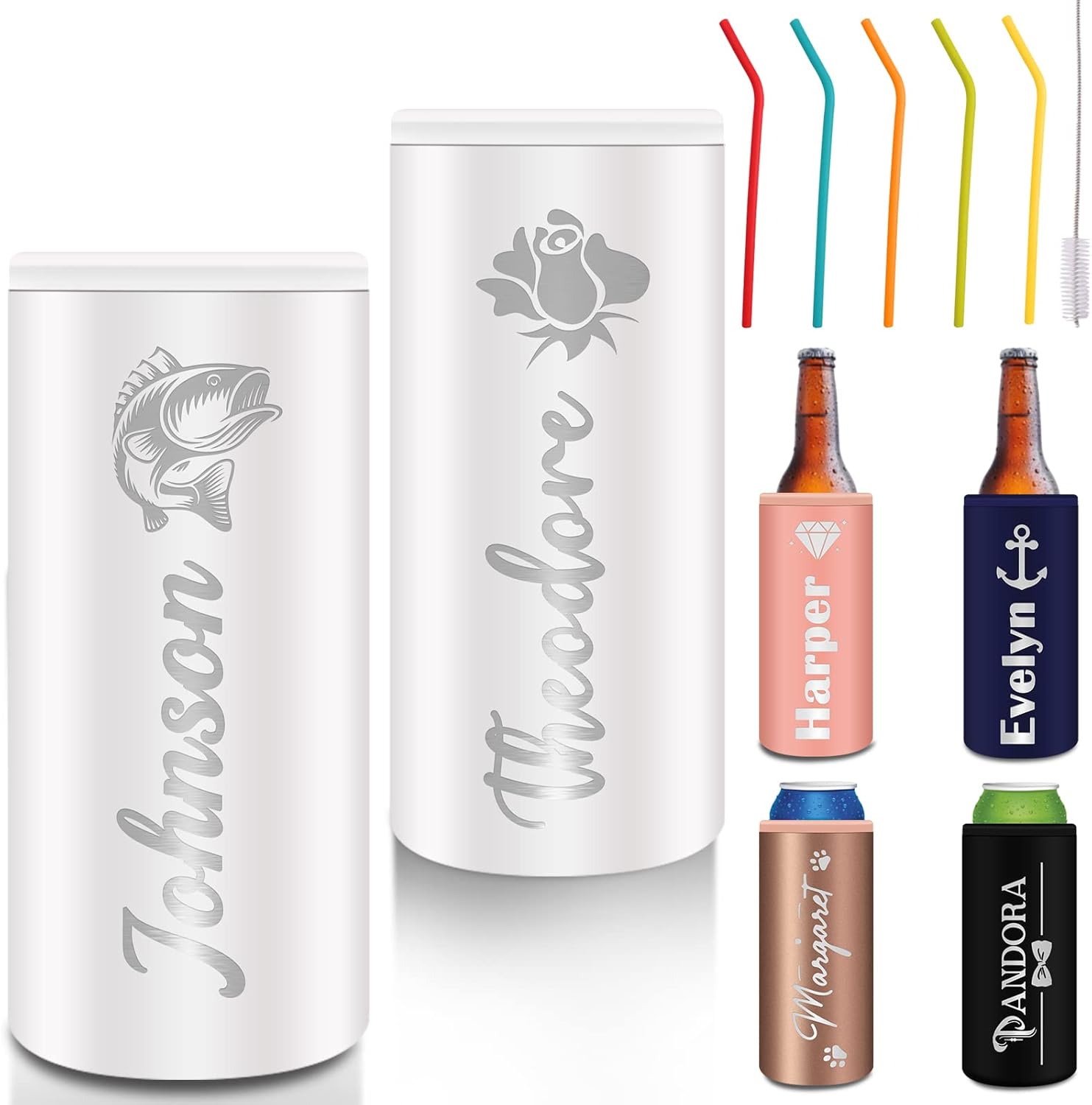 Enfriador de latas personalizado grabado de acero inoxidable personalizado de 12 onzas, funda delgada para latas con nombre, soportes de cerveza de